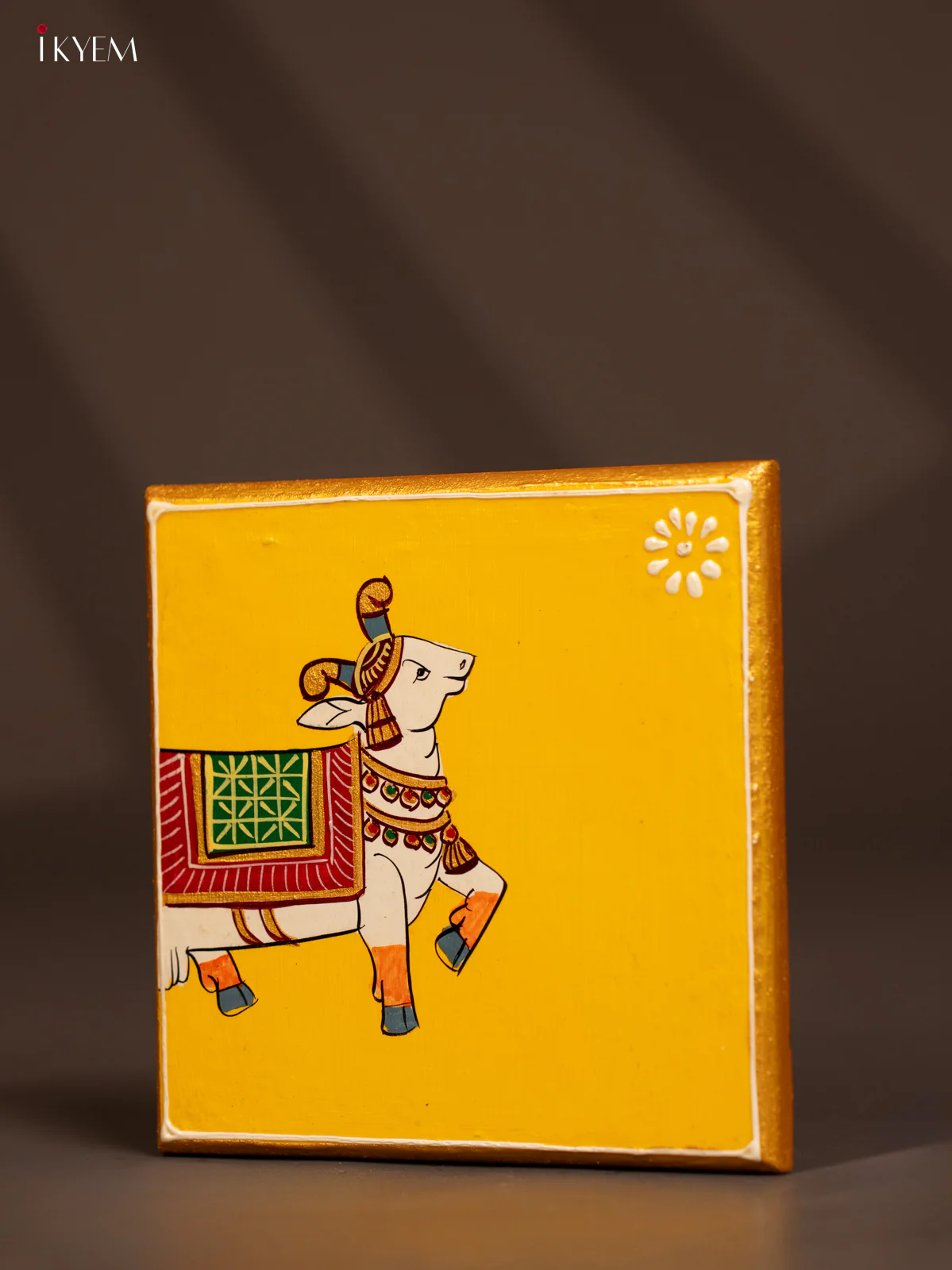 Traditional Yellow Wooden Manai with Hand-Painted Cow - (6x6) - KF30168 - Image 3