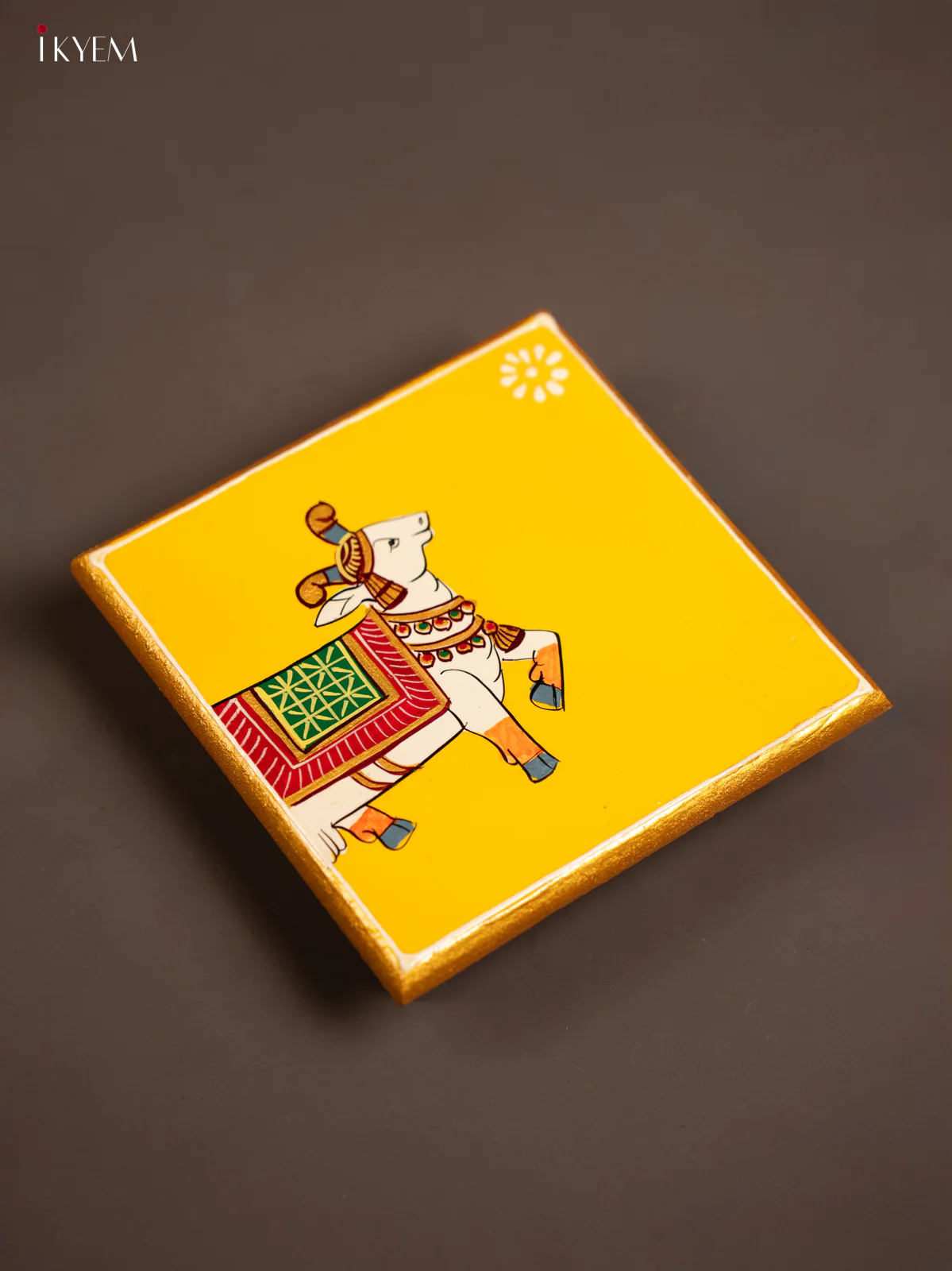 Traditional Yellow Wooden Manai with Hand-Painted Cow - (6x6) - KF30168 - Image 4
