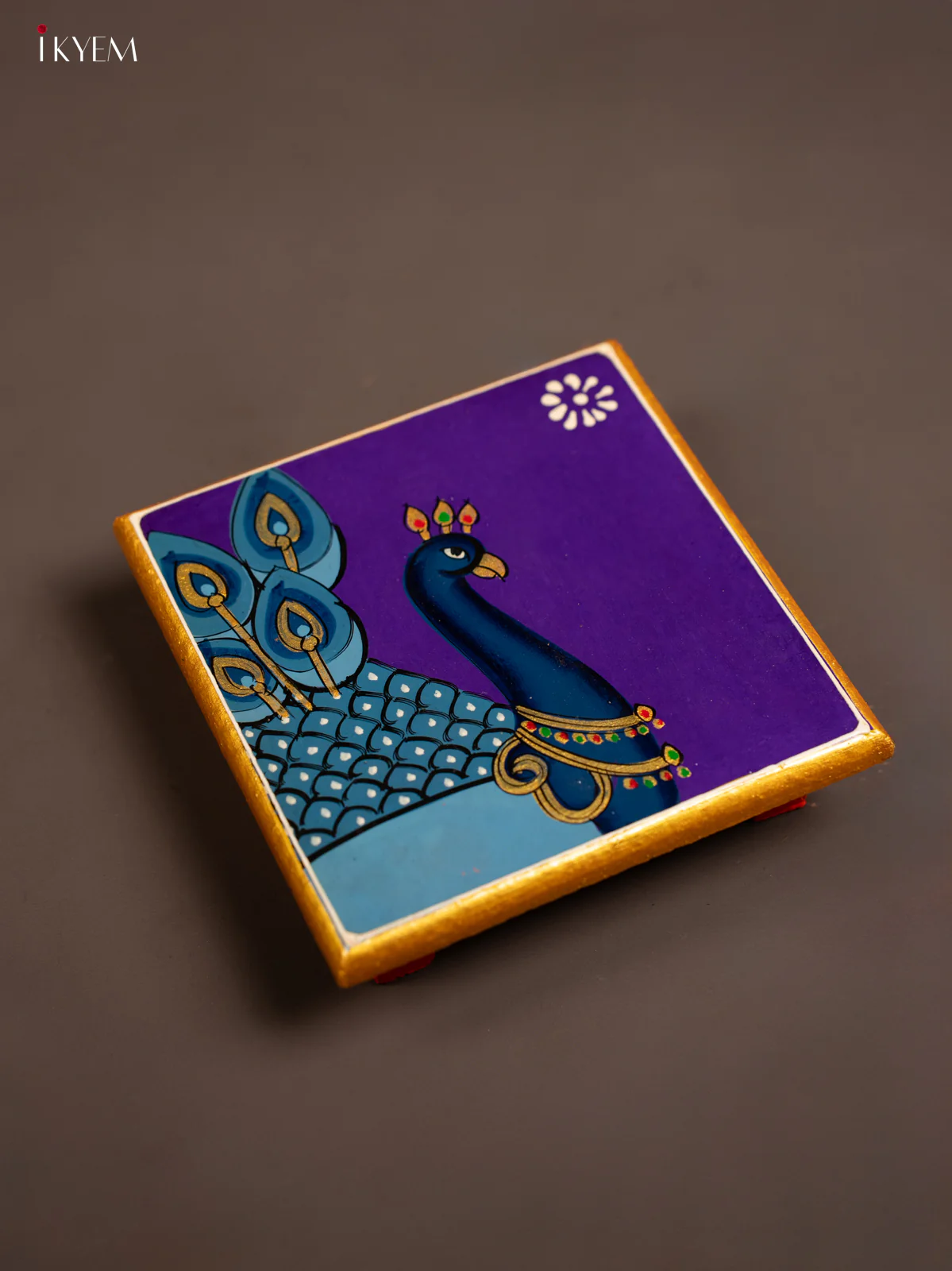 Traditional Violet Wooden Manai with Hand-Painted Peacock - (6x6) - KF30169 - Image 4