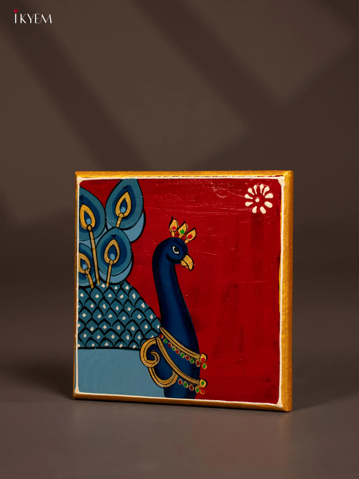 Traditional Maroon Wooden Manai with Hand-Painted Peacock - (6x6) - KF30170 - Image 3