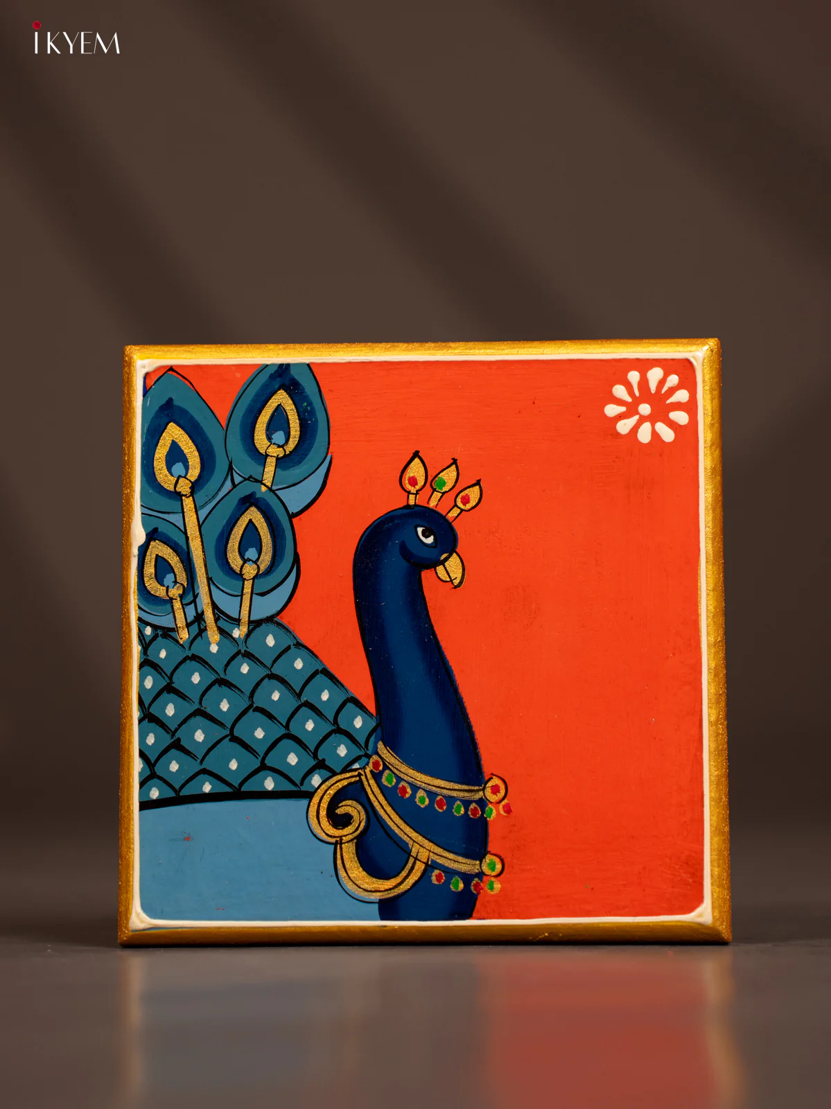 Traditional Orange Wooden Manai with Hand-Painted Peacock - (6x6) - KF30172