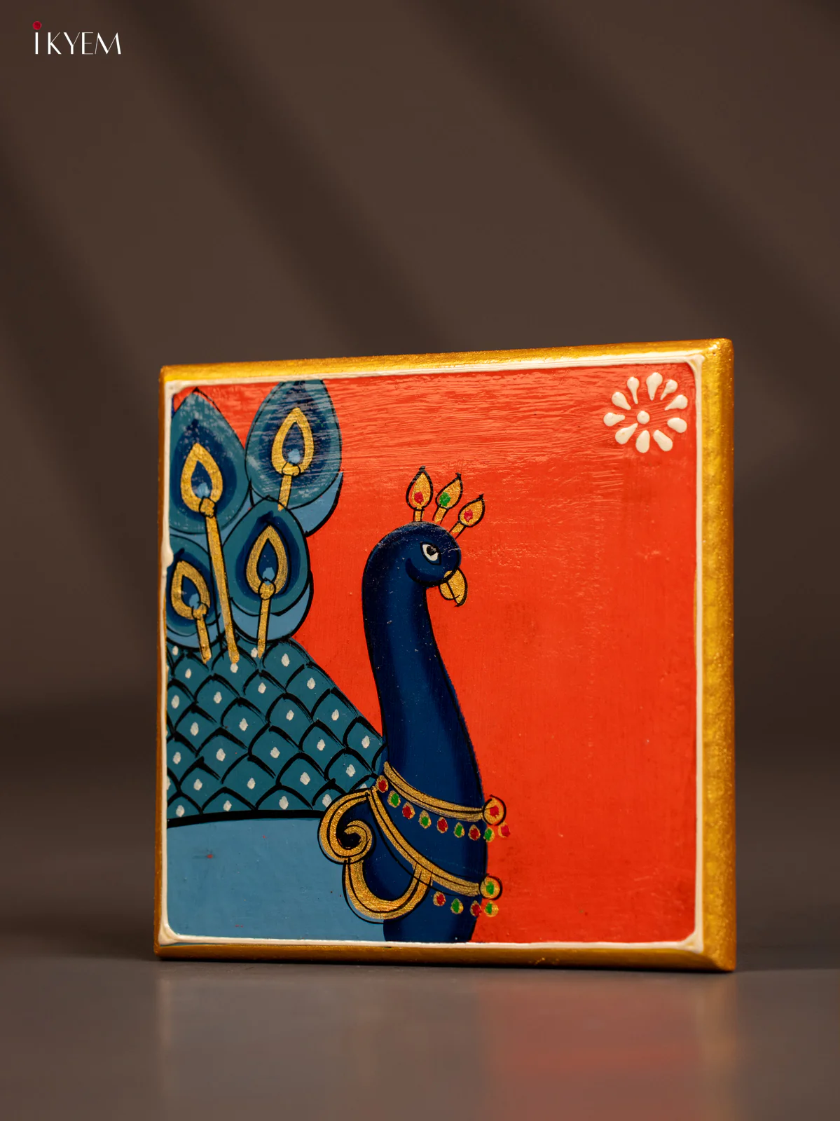 Traditional Orange Wooden Manai with Hand-Painted Peacock - (6x6) - KF30172 - Image 2