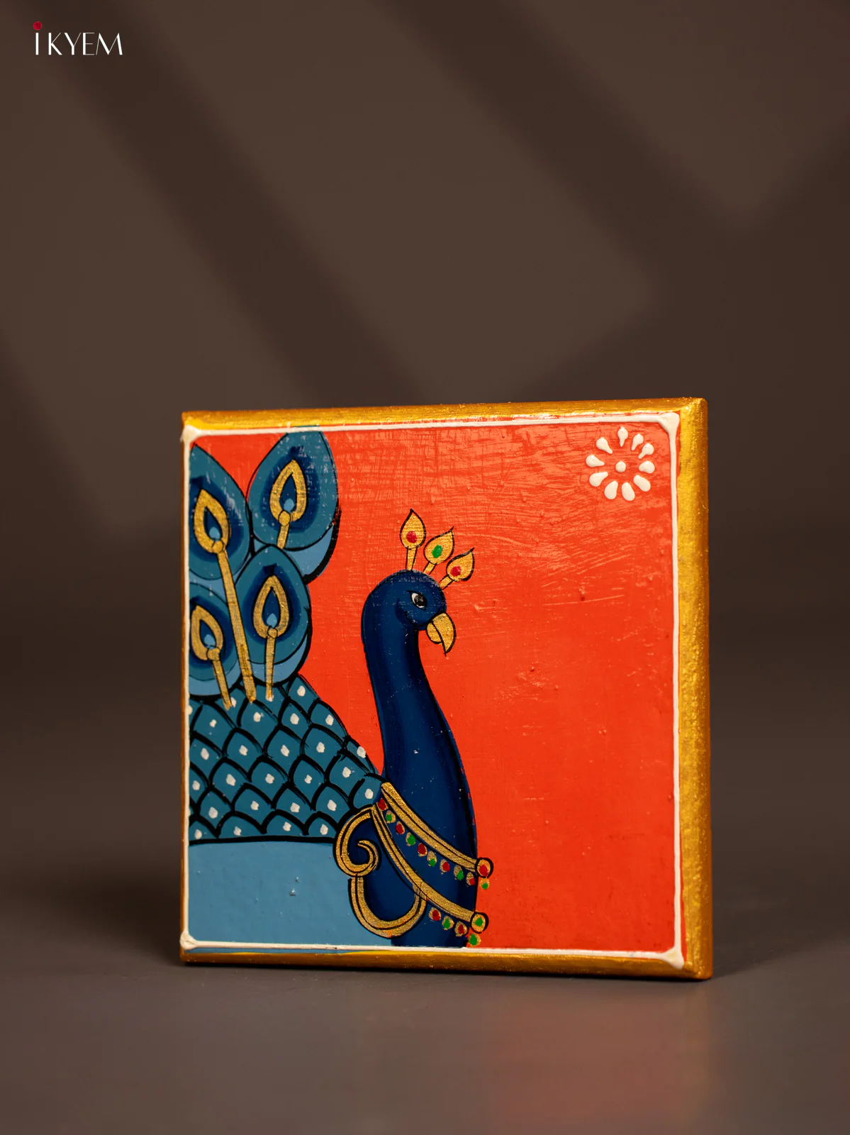 Peacock Hand-Painted Wooden Chowki - Orange -(6×6) Inches - KF30173 - Image 3