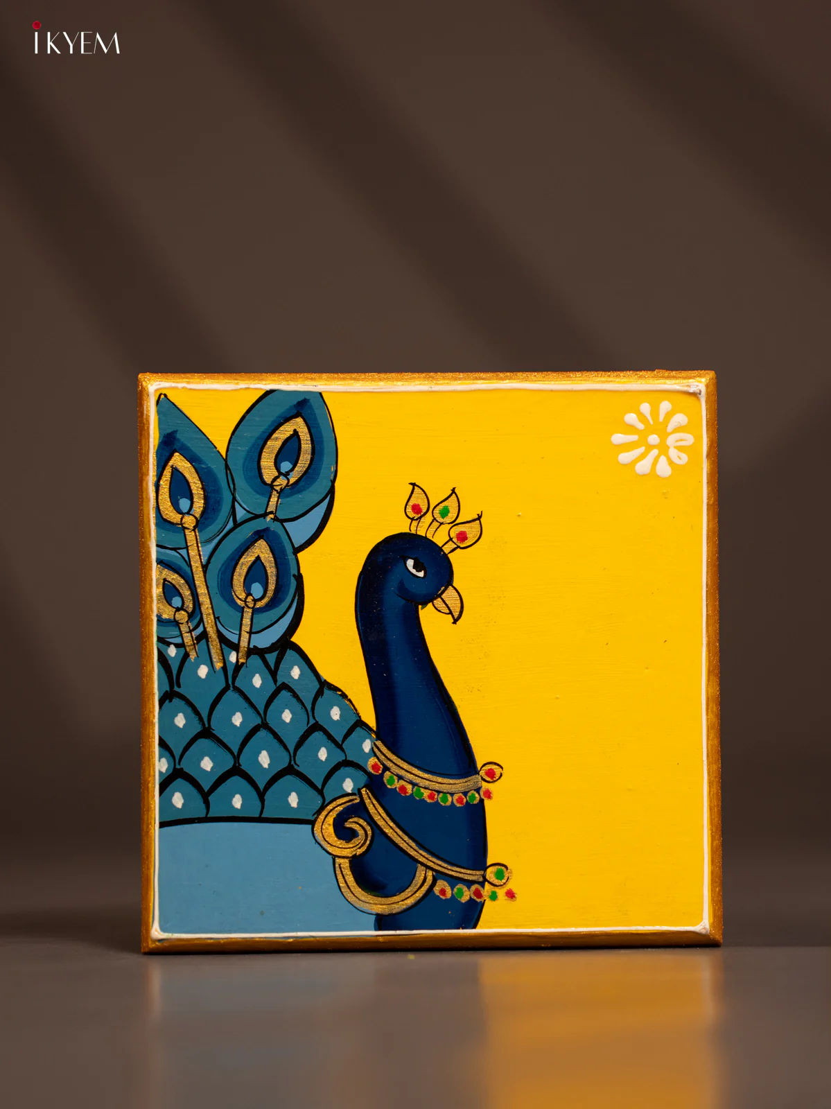 Traditional Yellow Wooden Manai with Hand-Painted Peacock - (6x6) - KF30174