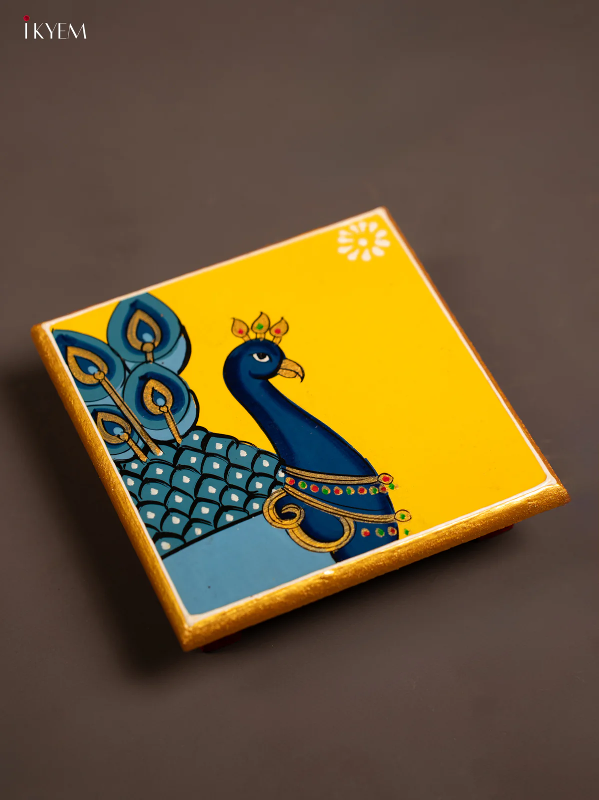 Traditional Yellow Wooden Manai with Hand-Painted Peacock - (6x6) - KF30176 - Image 4