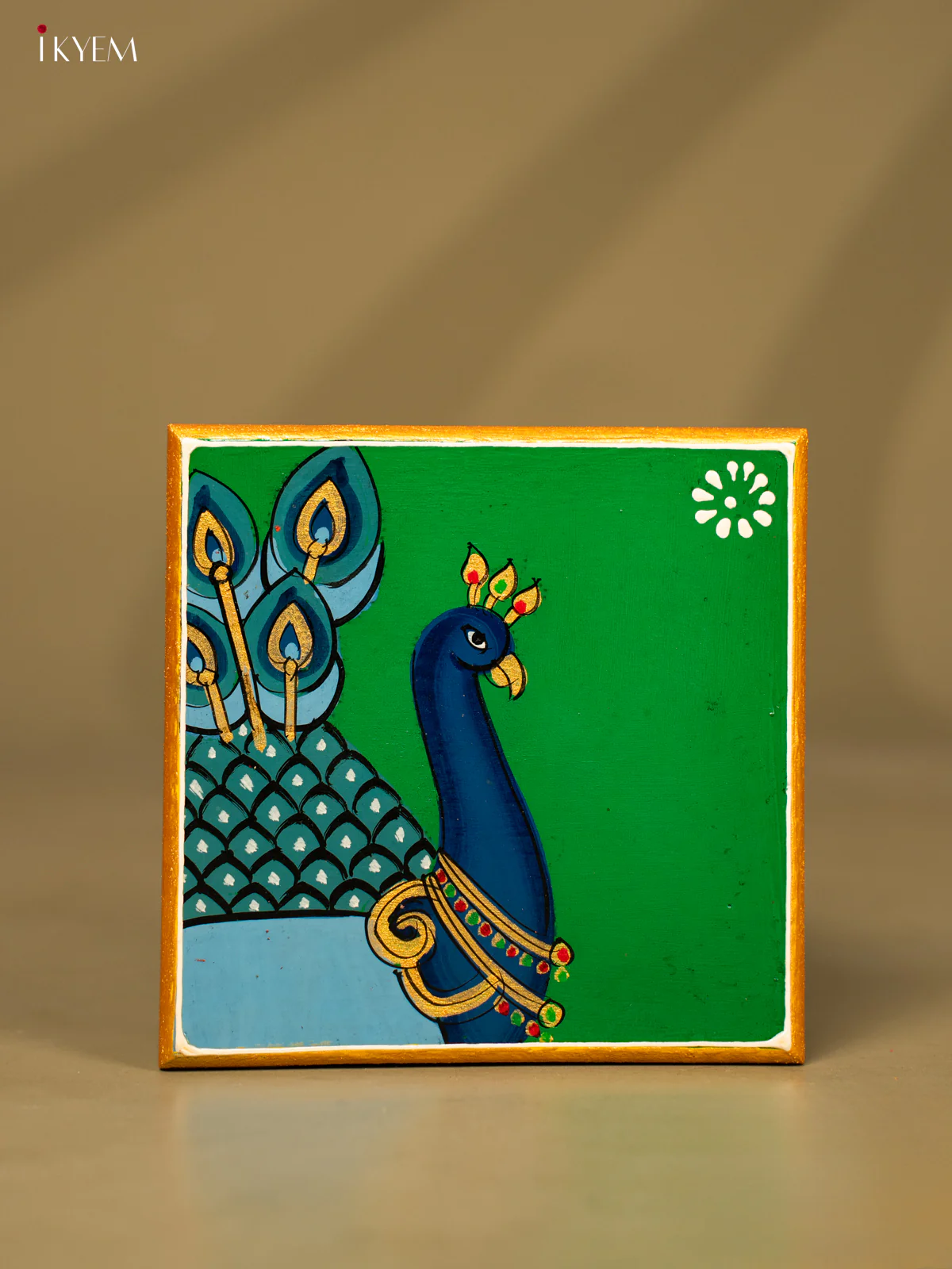 Traditional Green Wooden Manai with Hand-Painted Peacock - KF30179