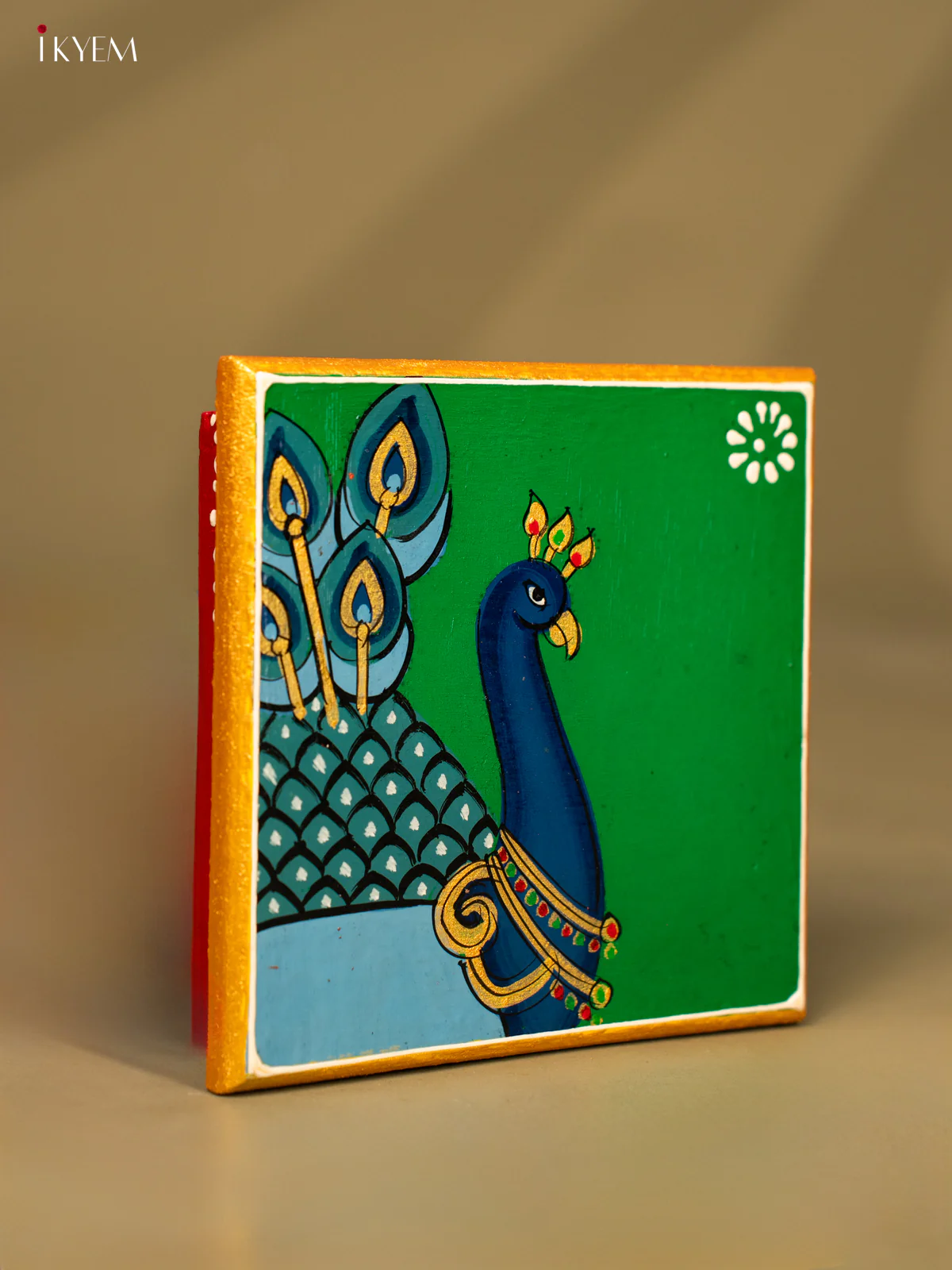 Traditional Green Wooden Manai with Hand-Painted Peacock - KF30179 - Image 2
