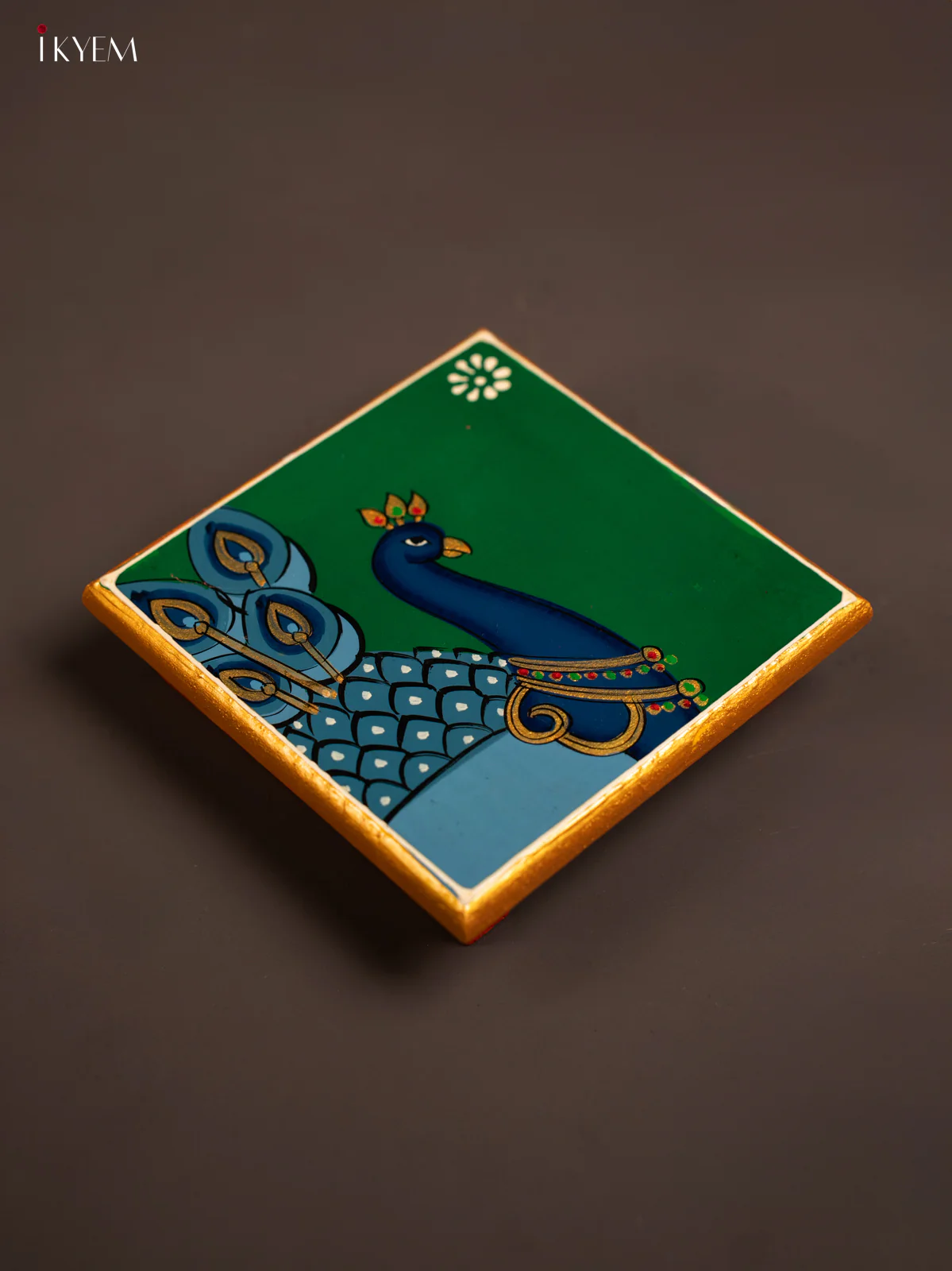 Peacock Hand-Painted Wooden Chowki - Green -(6×6) Inches - KF30180 - Image 4