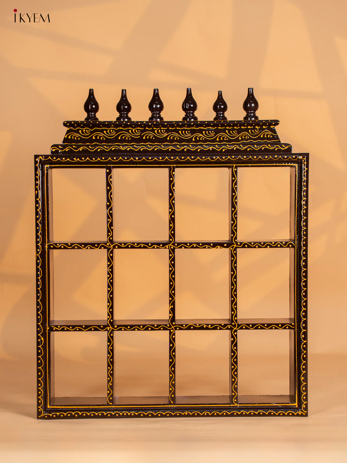 Wooden Hand Painted Ornament Golu Display Frame with 12 Rectangle Boxes -Coffee Brown - KG01112