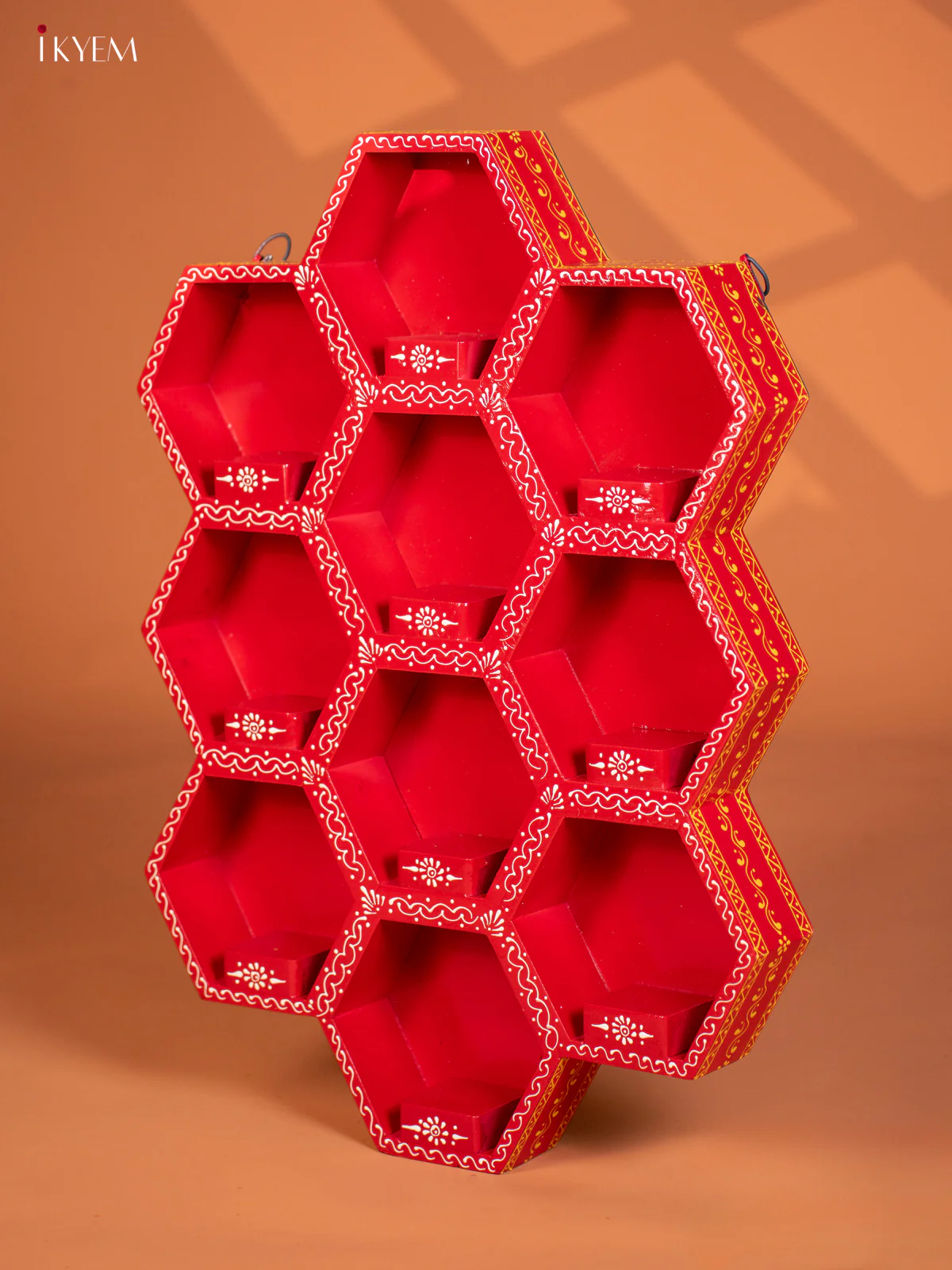 WOODEN HANDPAINTED WALL SHELF 10 OCTAGON BOXES- RED - KG01113 - Image 5