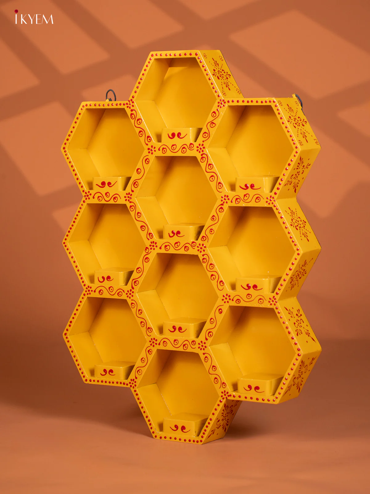 Hand-Painted Wooden 10 Octagon Box Wall Shelf - Yellow - (26×19) Inches - KG01114 - Image 5