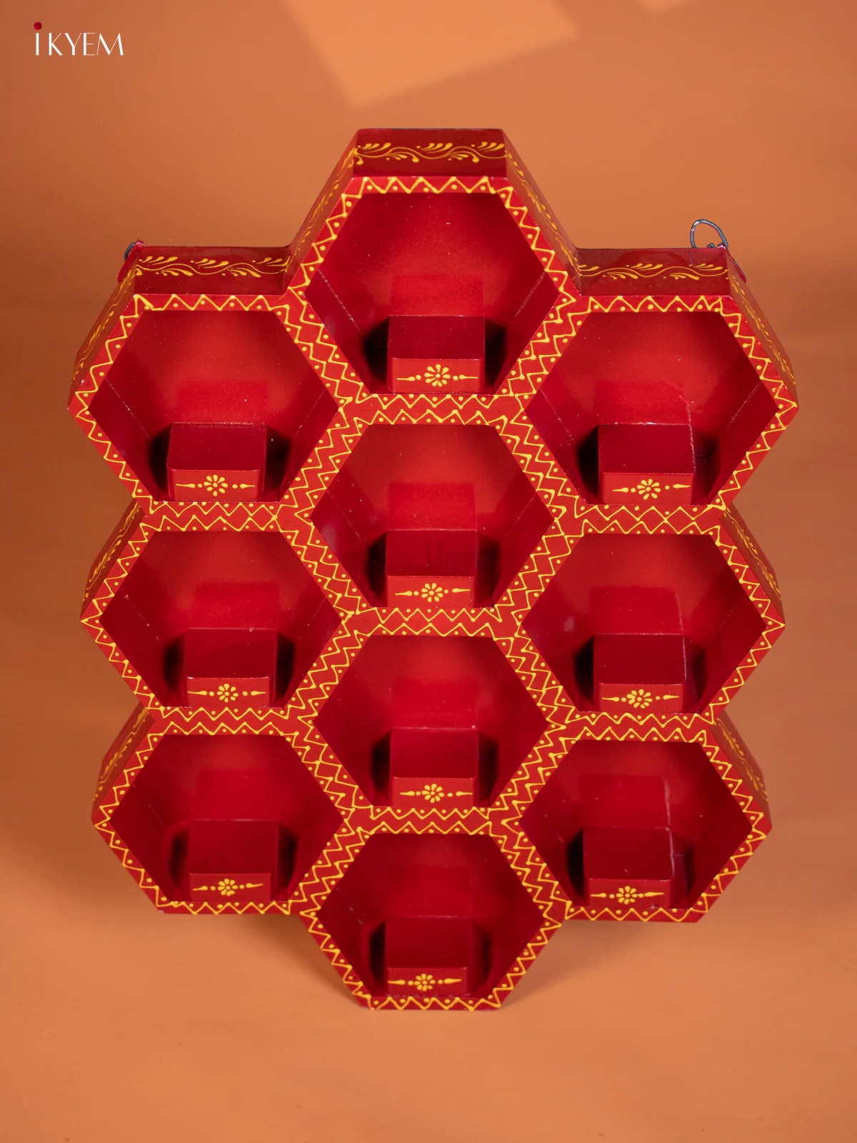 Wooden Hand Painted Wall Shelf 10 Octagon Boxes - Maroon - KG01116 - Image 5