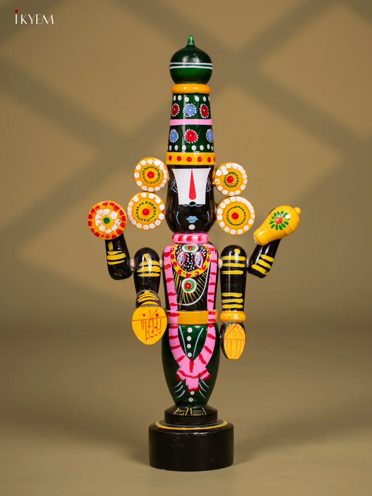 Wooden Kondapalli Hand Painted Lord Venkateswara idol - Green & Black