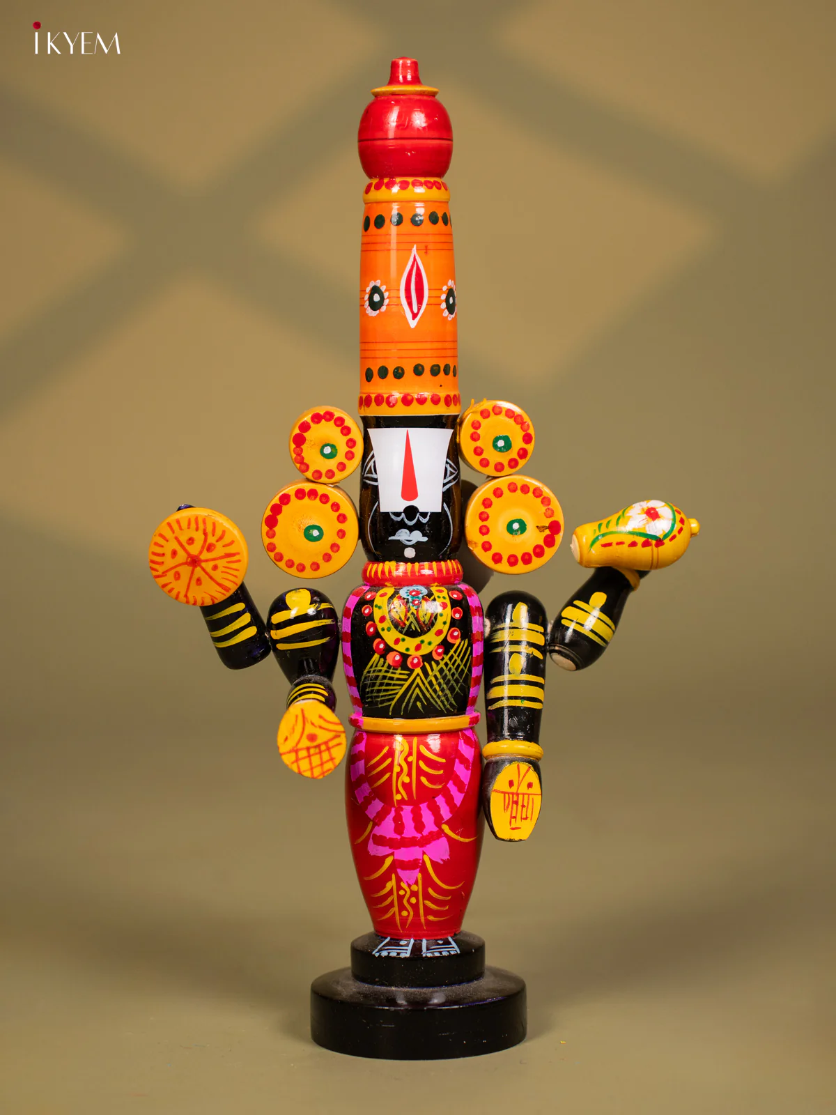 Wooden Kondapalli Hand Painted Lord Venkateswara idol - Orange & Balck