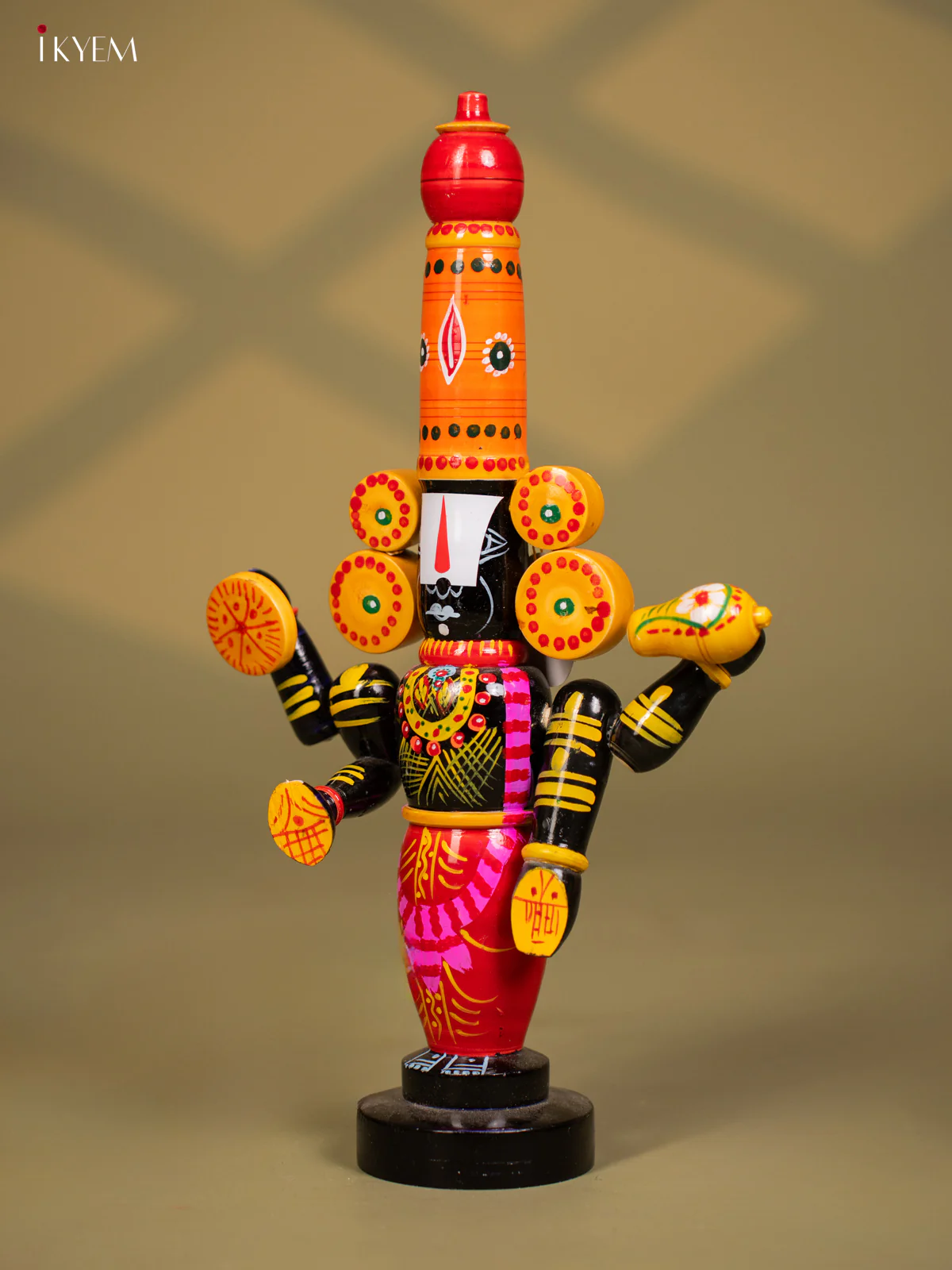 Wooden Kondapalli Hand Painted Lord Venkateswara idol - Orange & Balck - Image 2