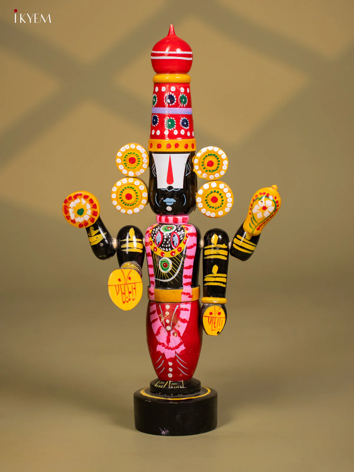 Wooden Kondapalli Hand Painted Lord Venkateswara idol - Red & Balck