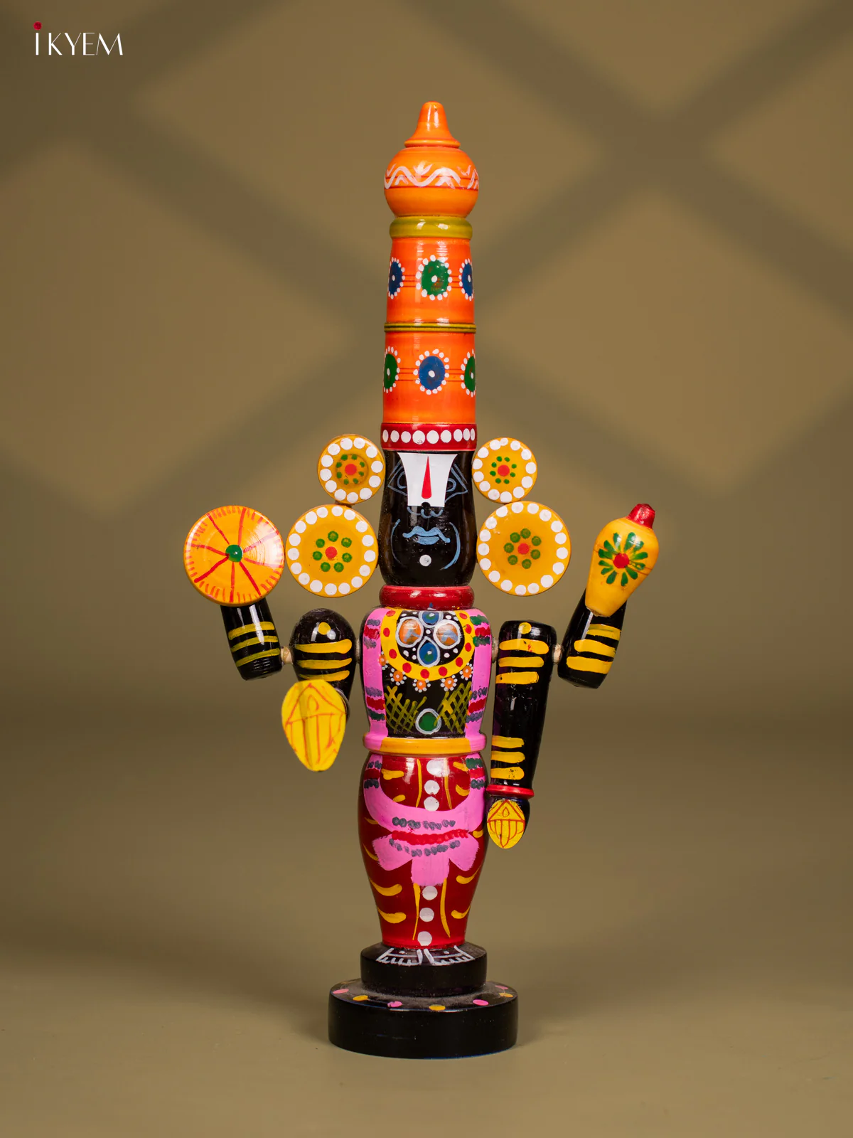 Wooden Kondapalli Hand Painted Lord Venkateswara idol - Orange & Balck