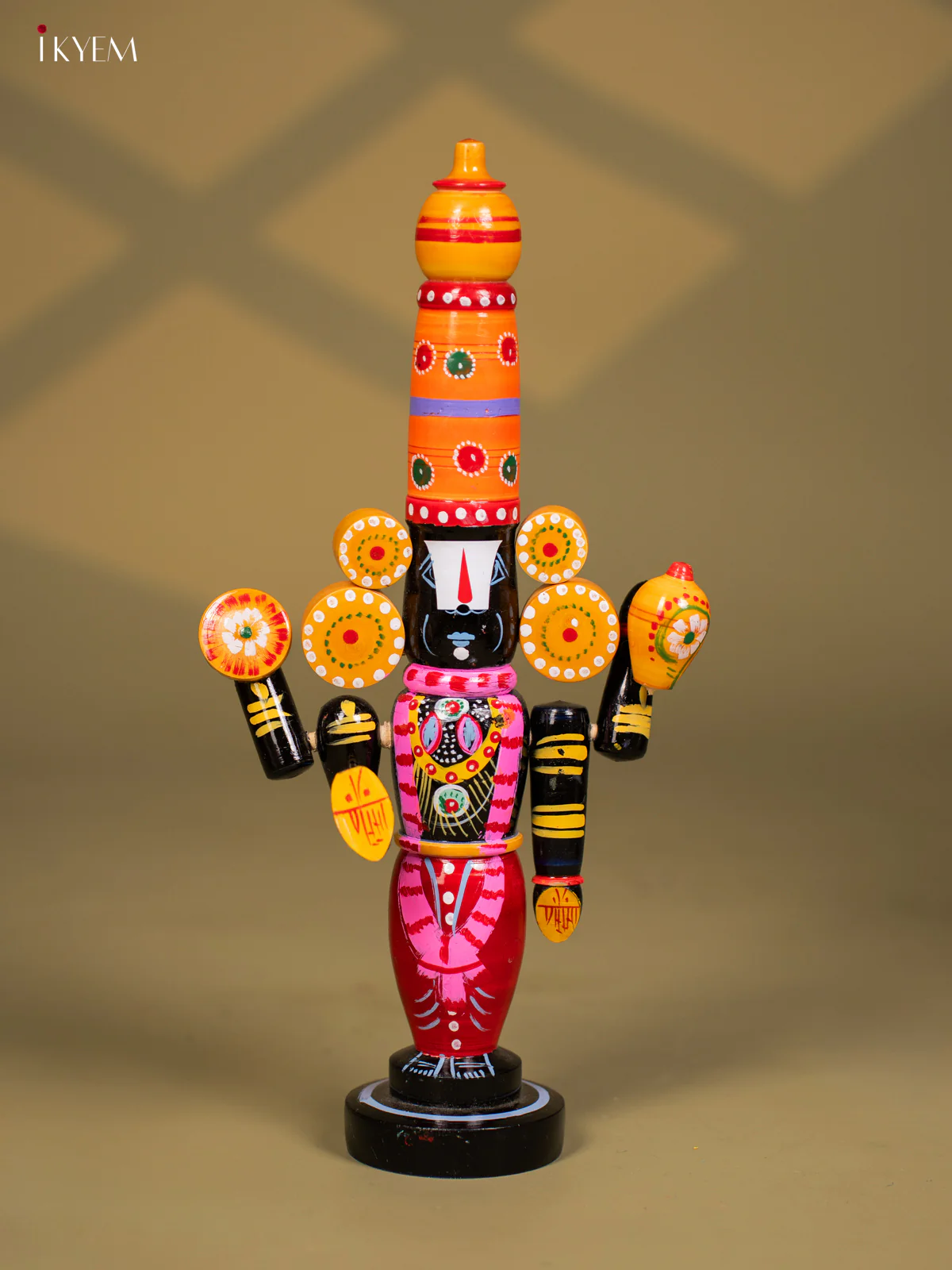 Wooden Kondapalli Hand Painted Lord Venkateswara idol - Orange & Balck