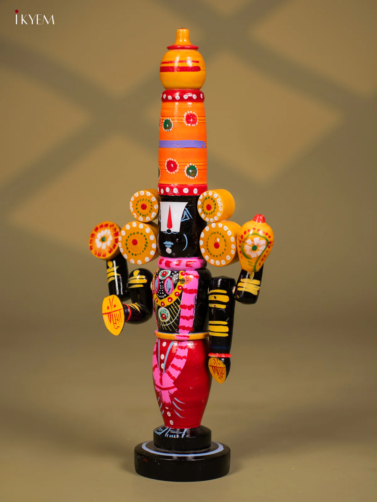 Wooden Kondapalli Hand Painted Lord Venkateswara idol - Orange & Balck - Image 2