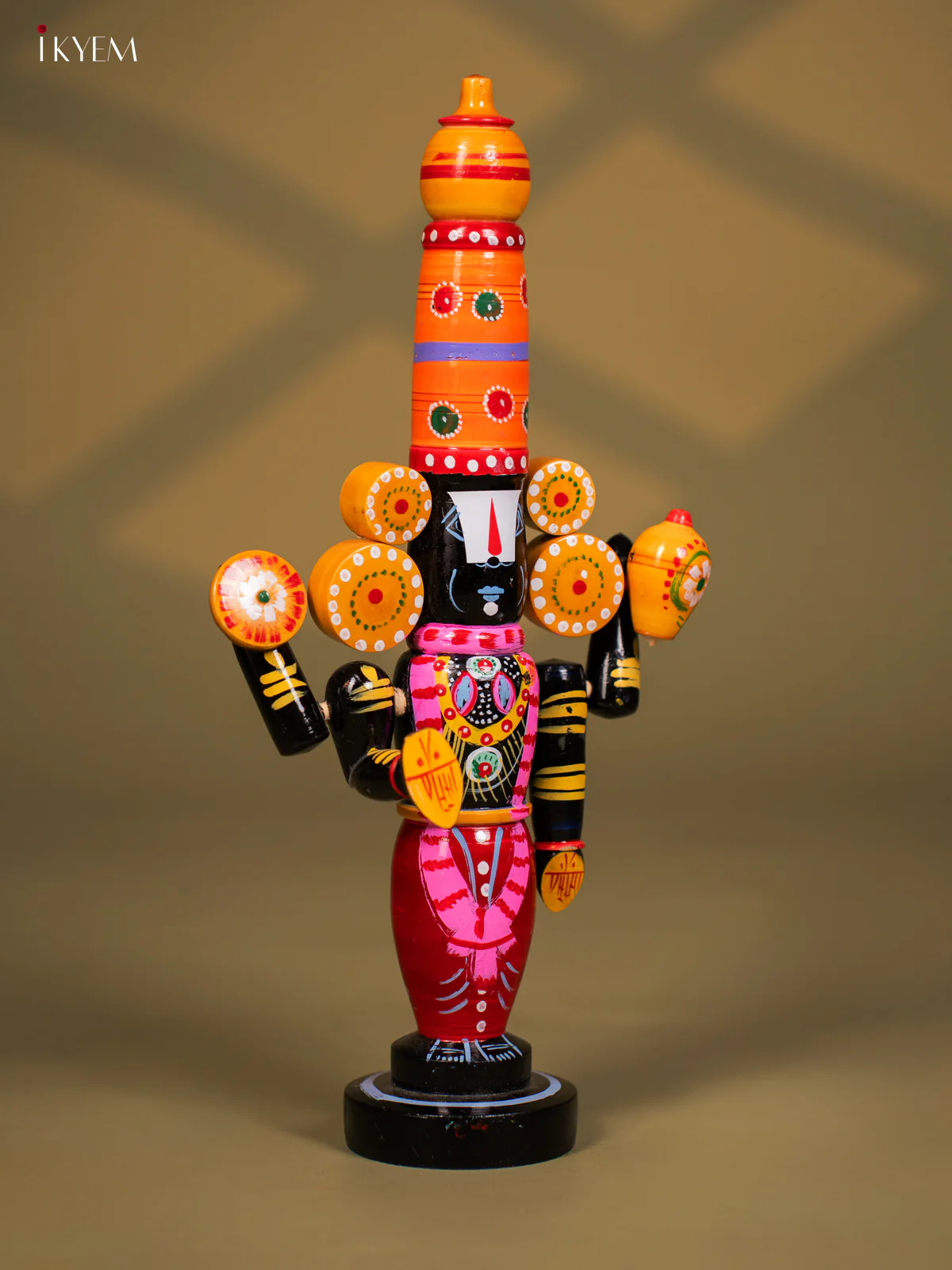 Wooden Kondapalli Hand Painted Lord Venkateswara idol - Orange & Balck - Image 3