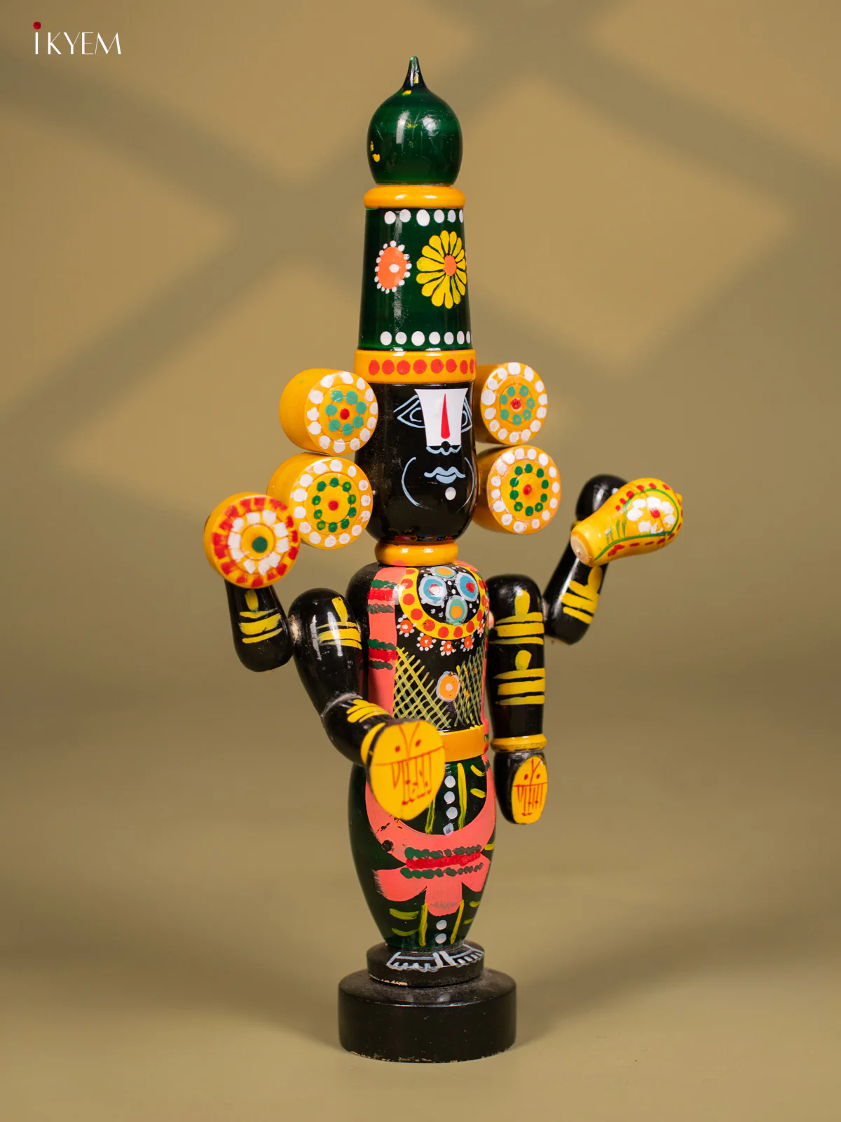 Wooden Kondapalli Hand Painted Lord Venkateswara idol - Green & Black - Image 3
