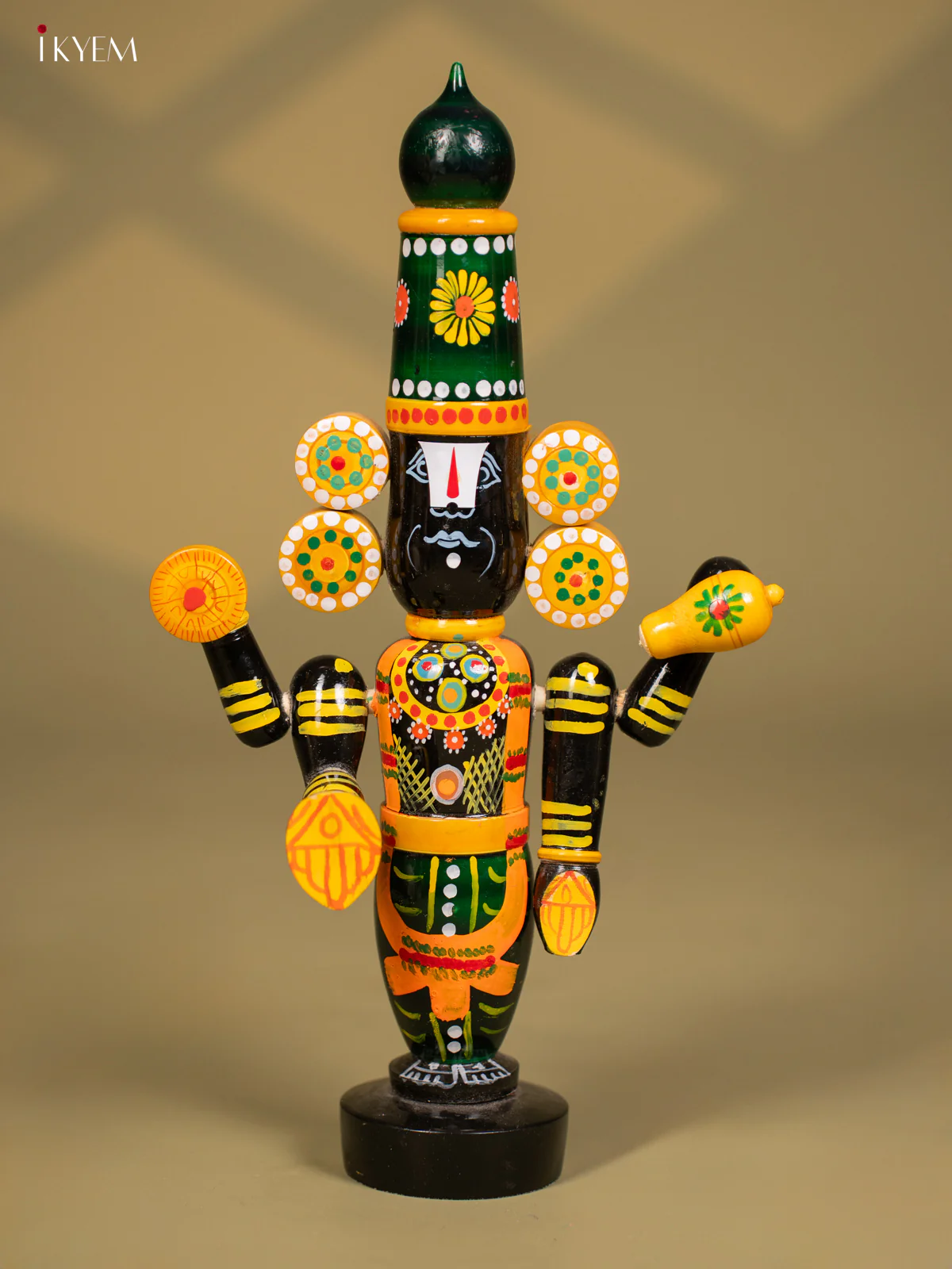 Wooden Kondapalli Hand Painted Lord Venkateswara idol - Green & Black