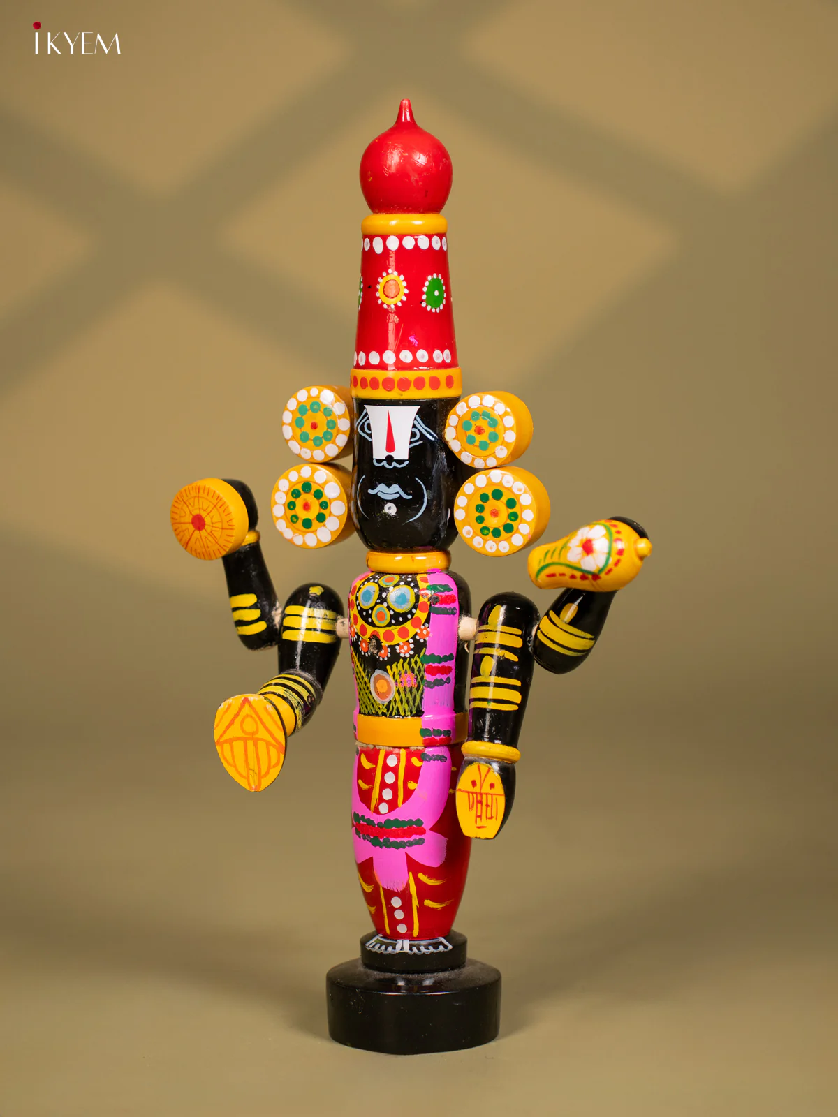 Wooden Kondapalli Hand Painted Lord Venkateswara idol - Red & Balck - Image 2