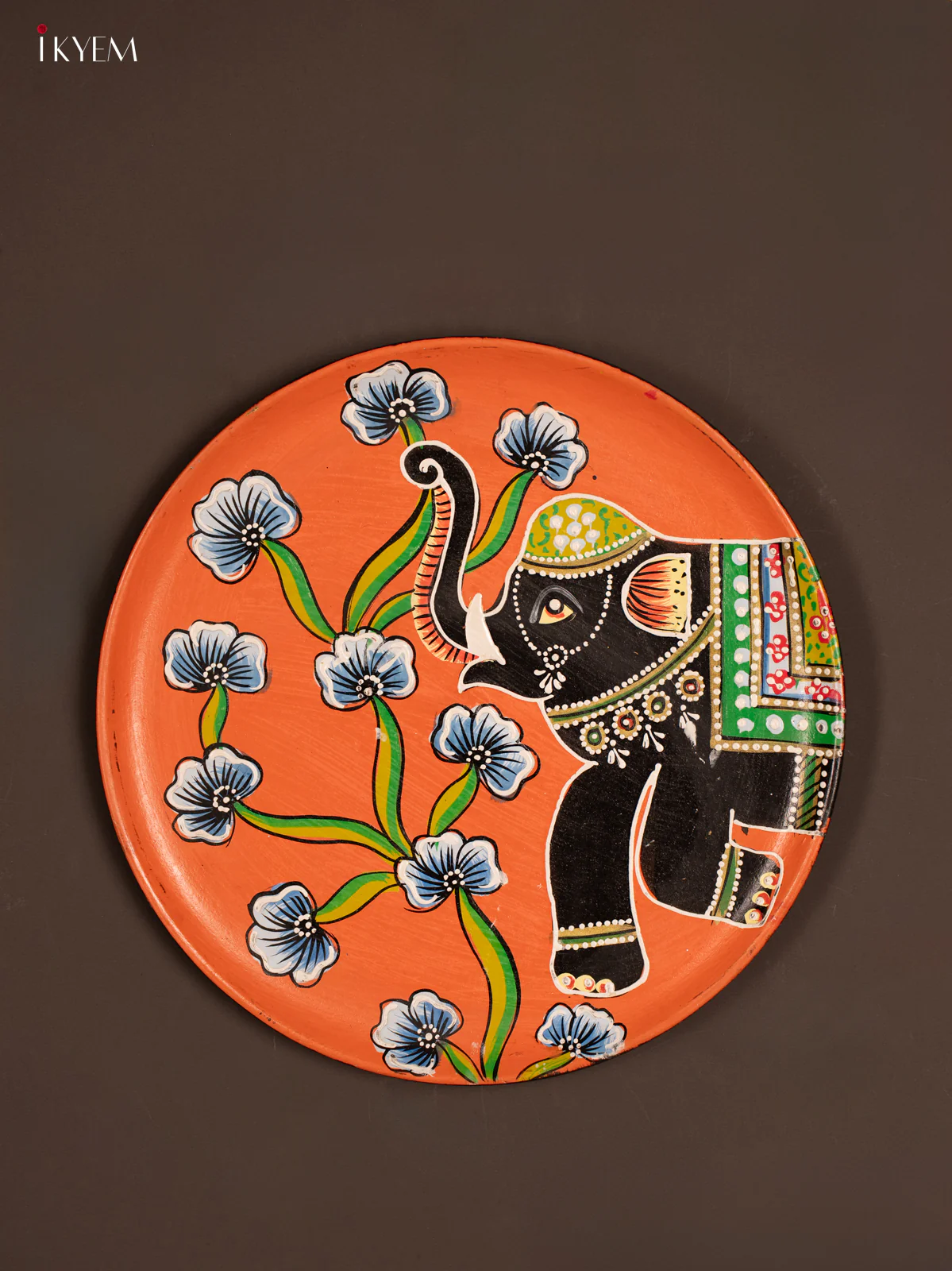 Wooden Hand painted Wall hanging plate - Elephant orange - KG04173