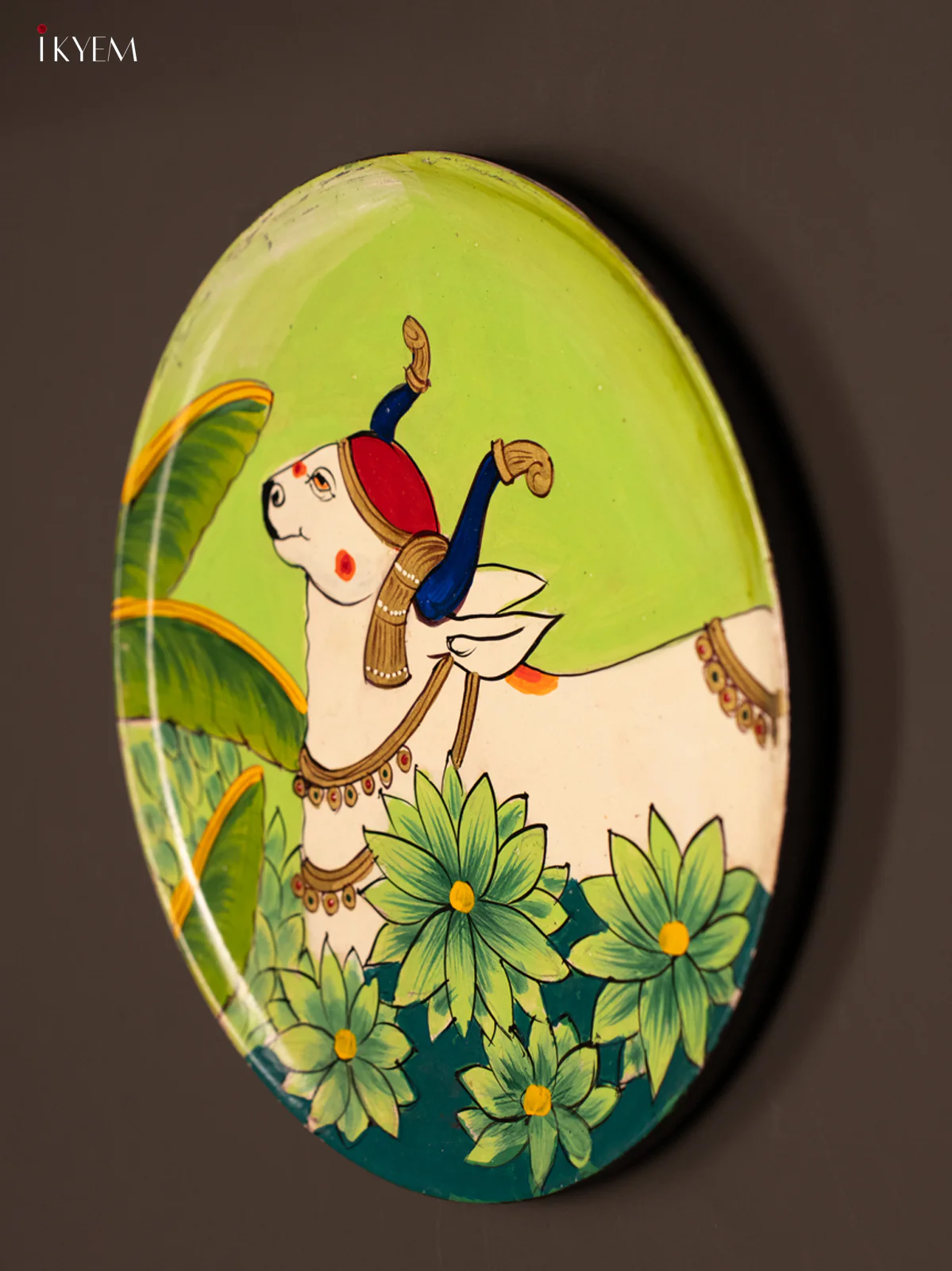 Wooden Hand painted Wall hanging plate - pichwai Cow green - KG04206 - Image 4