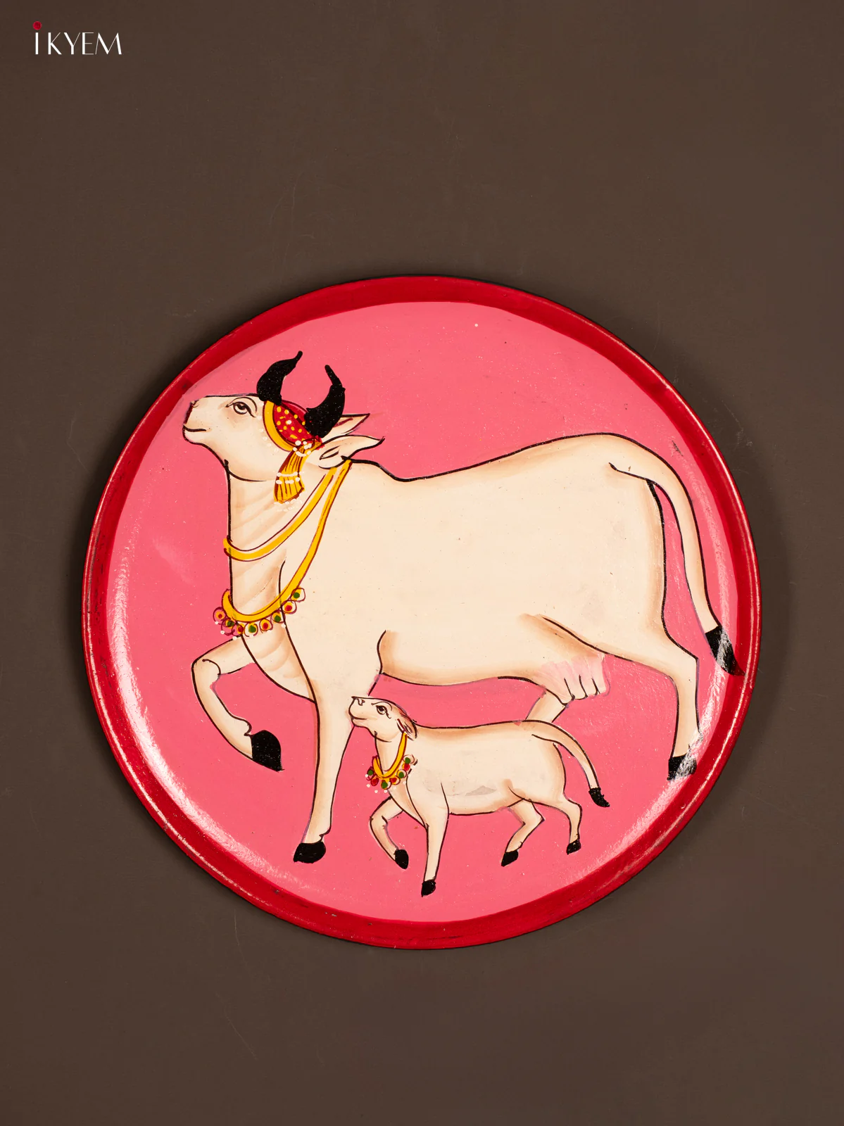 Wooden Hand painted Wall hanging plate - Pichwai cow and calf - Pink - KG04209