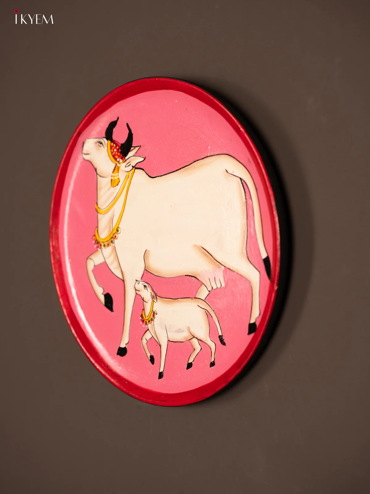 Wooden Hand painted Wall hanging plate - Pichwai cow and calf - Pink - KG04209 - Image 3