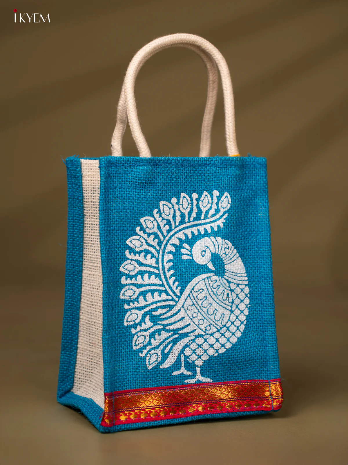 Exquisite Blue Jute Bags With Peacock Print - 8 Inch - KG08112 - Image 2