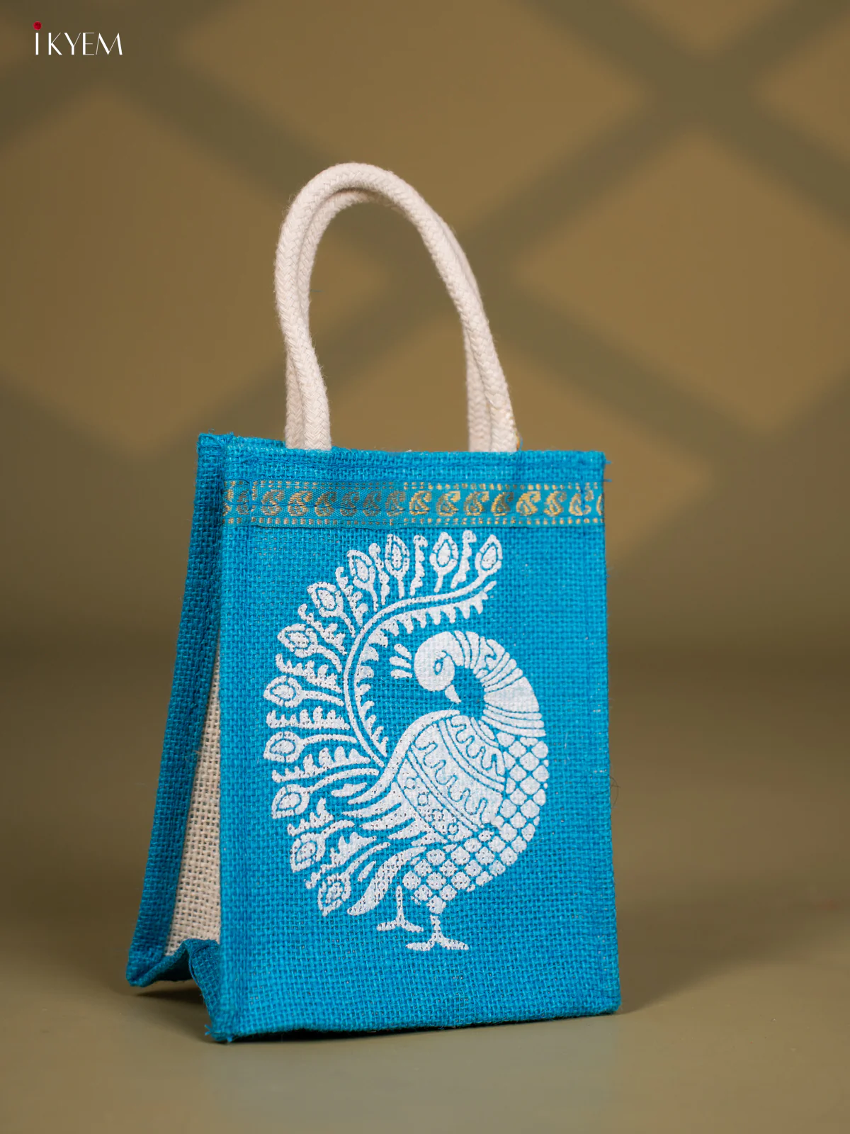 Exquisite Blue Jute Bags With Peacock Print - 8 Inch - KG08114 - Image 2