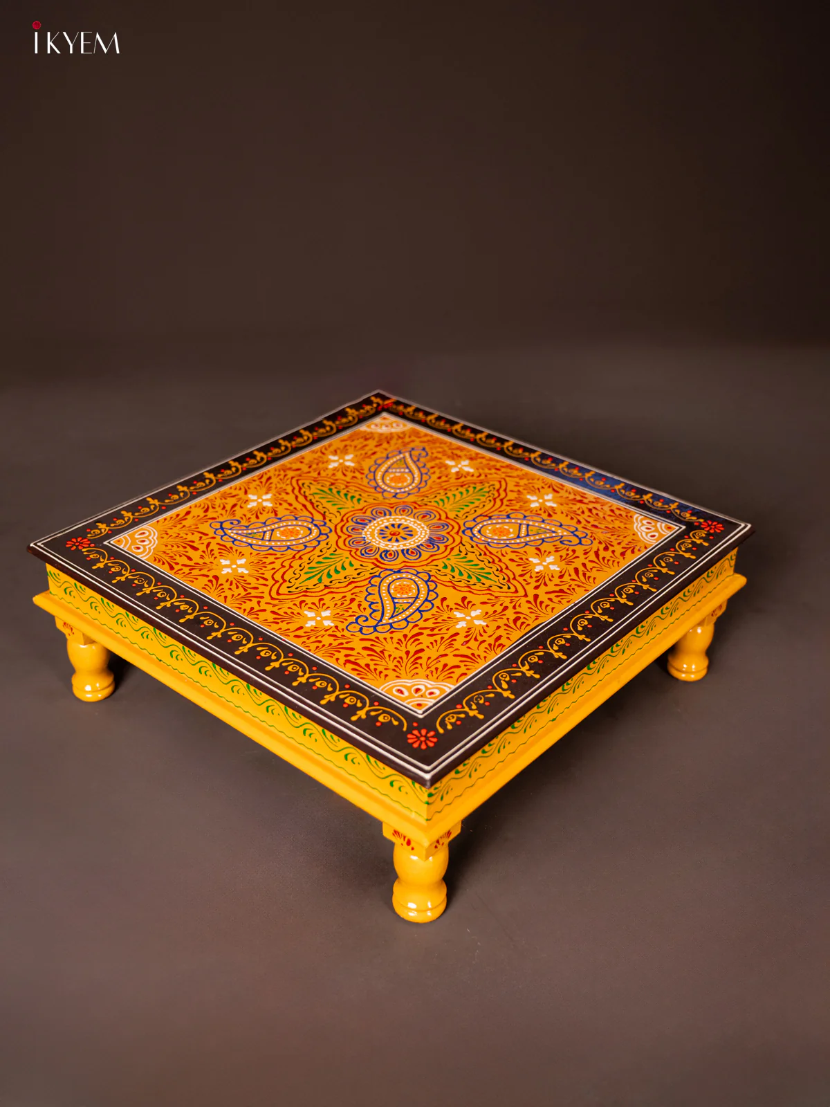 Wooden Hand Painted Manai/Bajot Stand - Yellow 18 Inches - KG16123 - Image 4