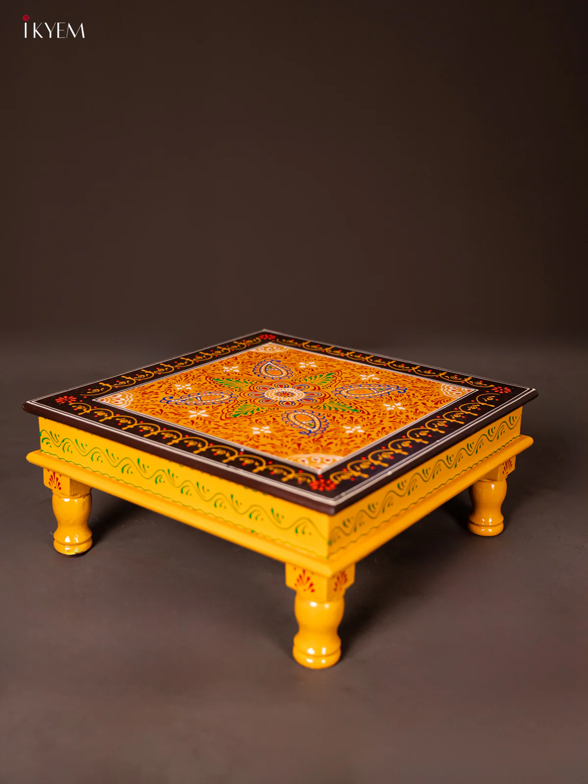 Wooden Hand Painted Manai/Bajot Stand - Yellow 15 Inches - KG16124 - Image 3