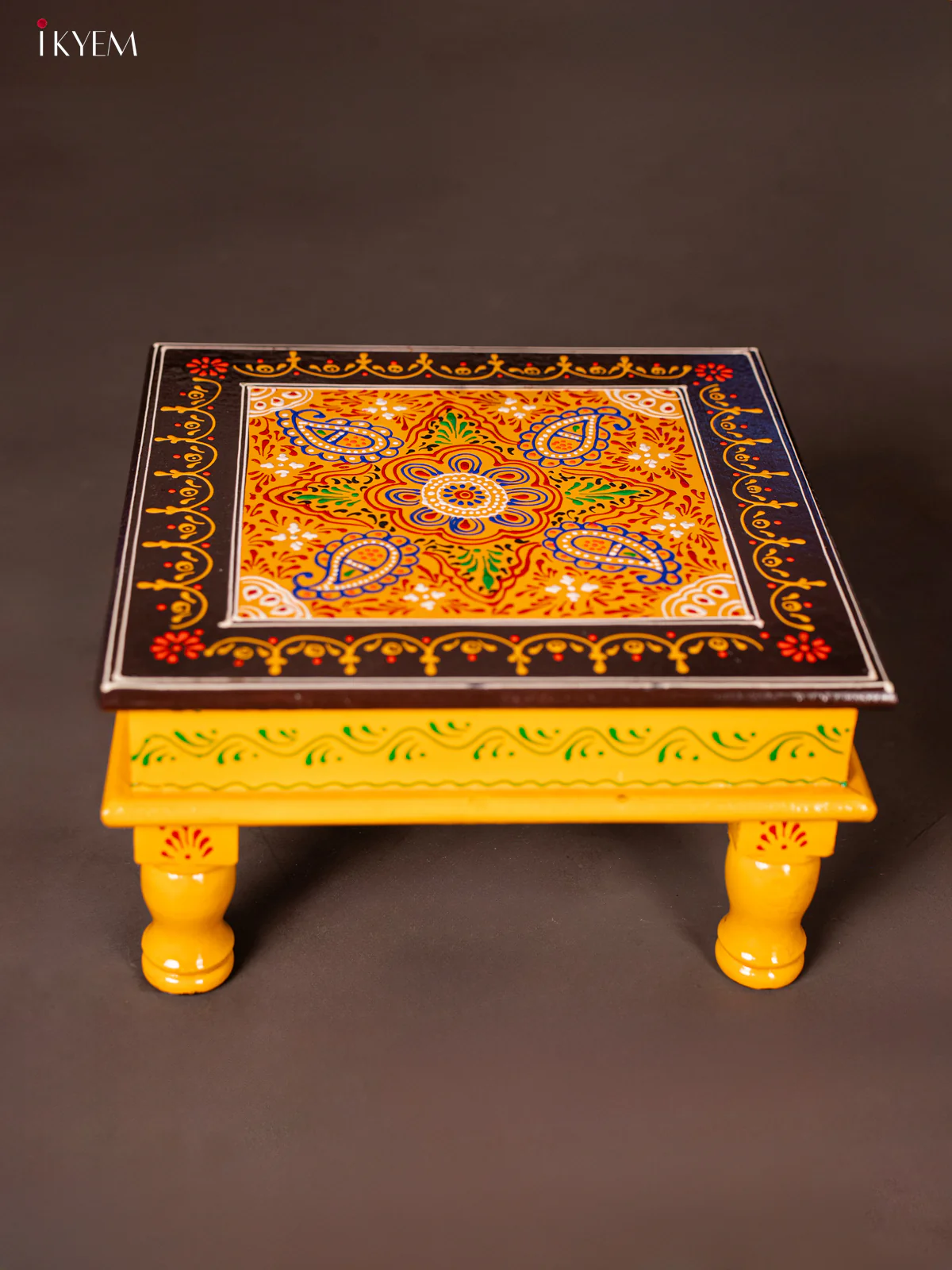 Wooden Hand Painted Manai/Bajot Stand - Yellow 12 Inches - KG16125