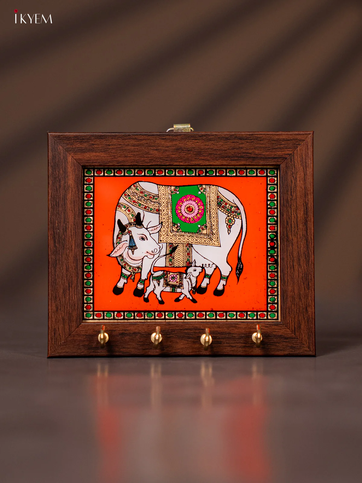Reverse Glass Painted Keyhanger - cow and calf - orange - (5x6) Inches - KG17111