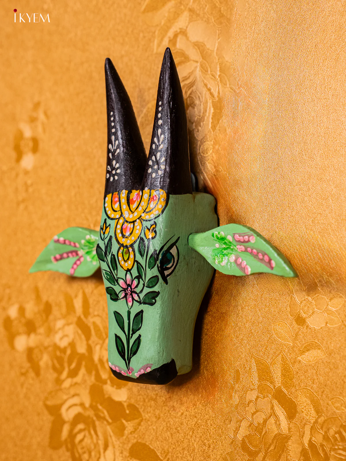 Wooden Hand Painted Cow Head - 7 Inches - Green - KG22122 - Image 2