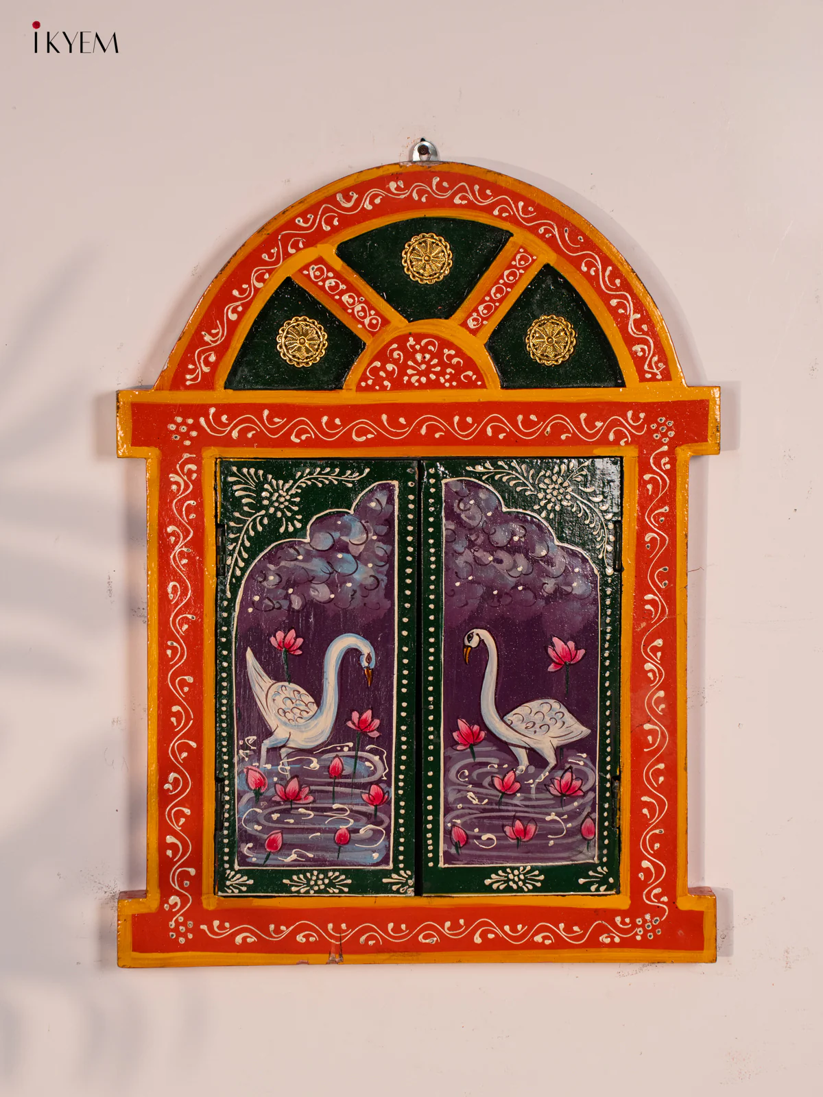 Wooden Hand Painted Jharokha with Brass Work - Yellow - KG22137