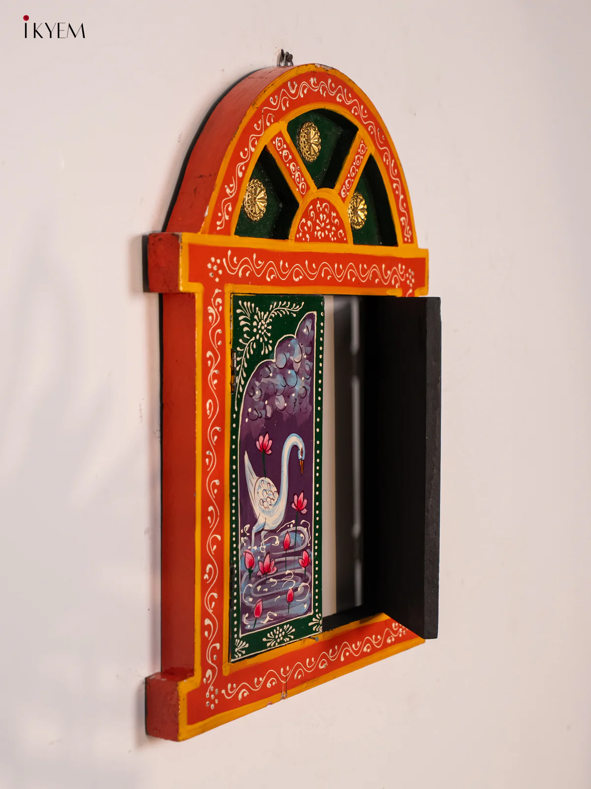 Wooden Hand Painted Jharokha with Brass Work - Yellow - KG22137 - Image 4