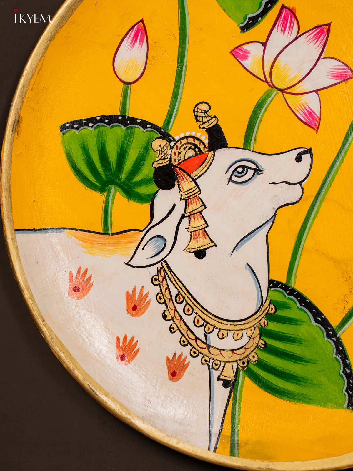 Wooden Handpainted Pichwai Cow wall plate - Yellow - KG22146 - Image 3