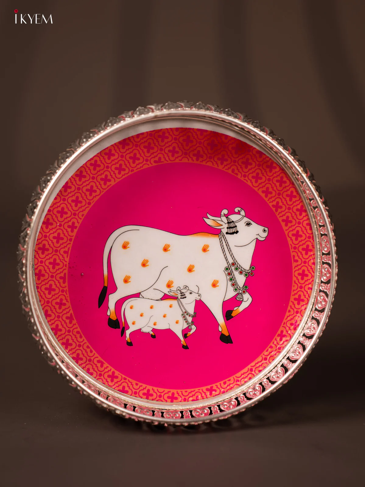 Digital Printed German Silver Tray - Cow& calf pink - 8 inch - KG23136