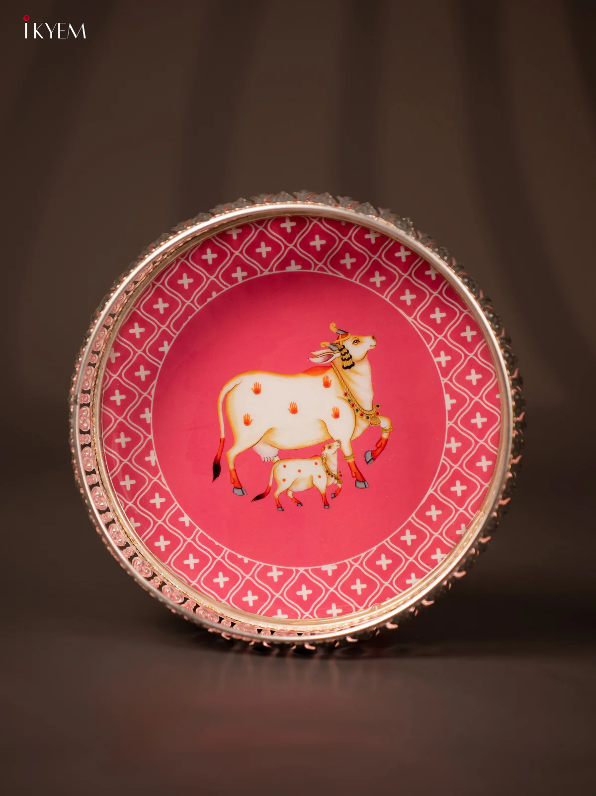 Digital Printed German Silver Tray - Cow & calf lite pink - 8 inch - KG23137