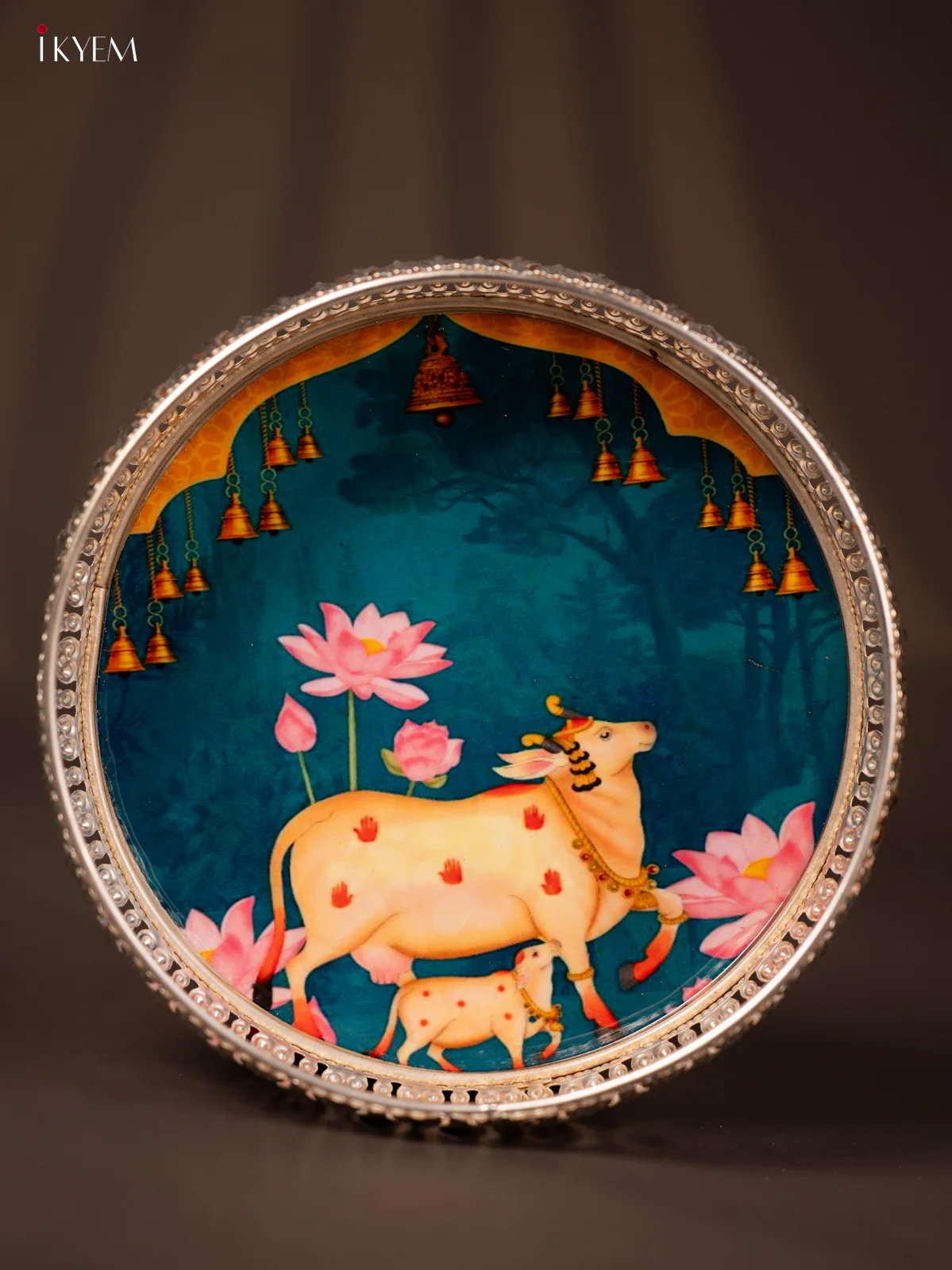 Digital Printed German Silver Tray - Cow & calf blue - 8 inch - KG23138