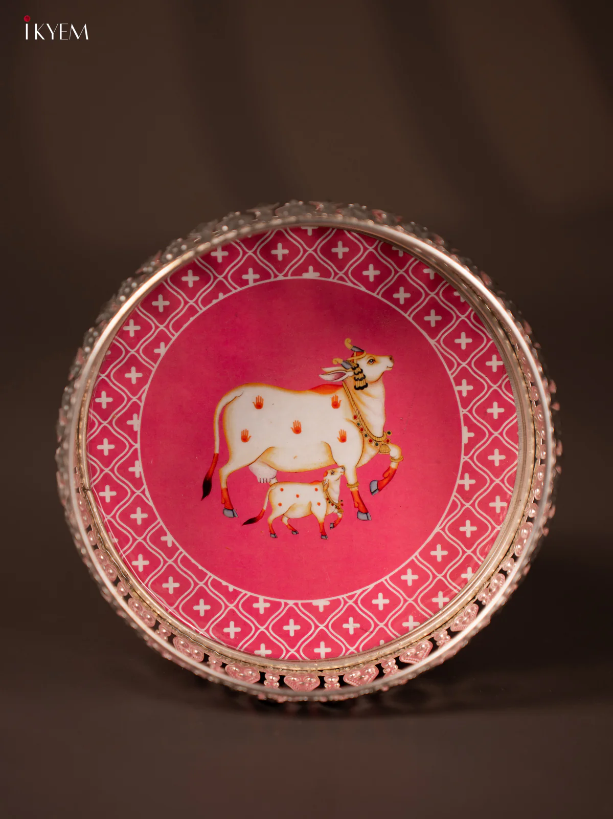 Digital Printed German Silver Tray - Cow & lite pink - 6 inch - KG23147