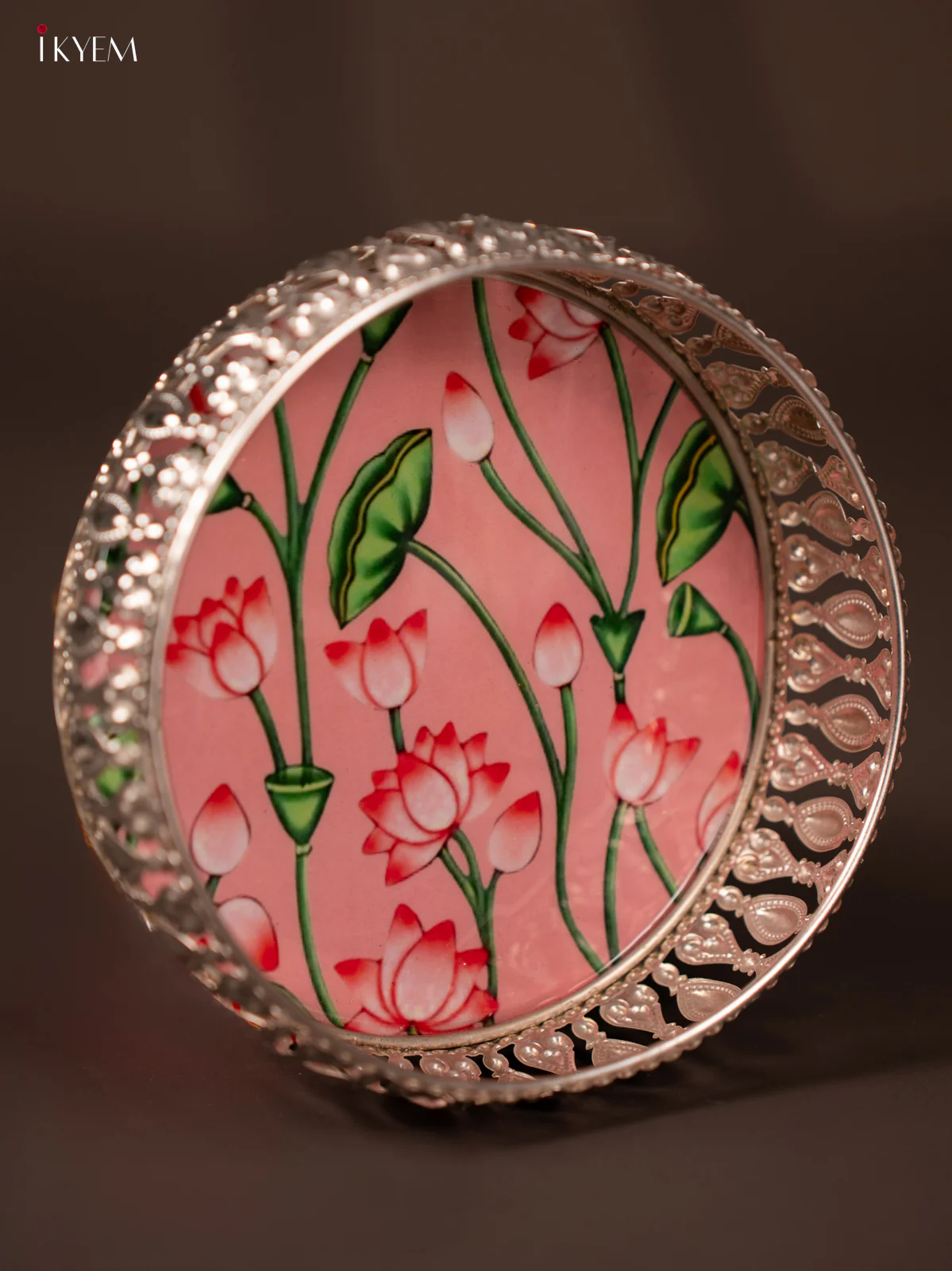 Digital Printed German Silver Tray - Pink with lotus - 6 inch - KG23149 - Image 2