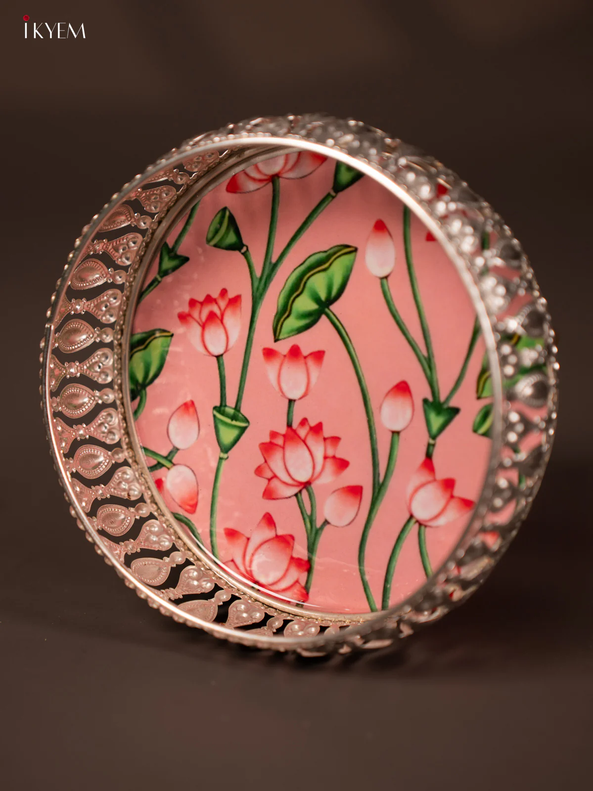 Digital Printed German Silver Tray - Pink with lotus - 6 inch - KG23149 - Image 4