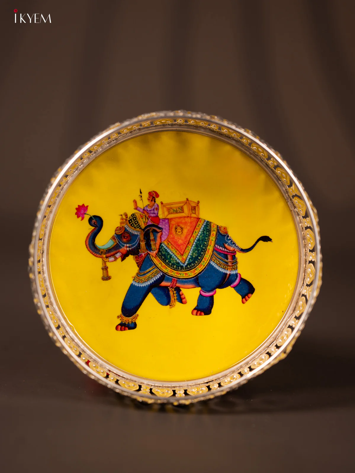 Digital Printed German Silver Tray - yellow & elephant - 6 inch - KG23155