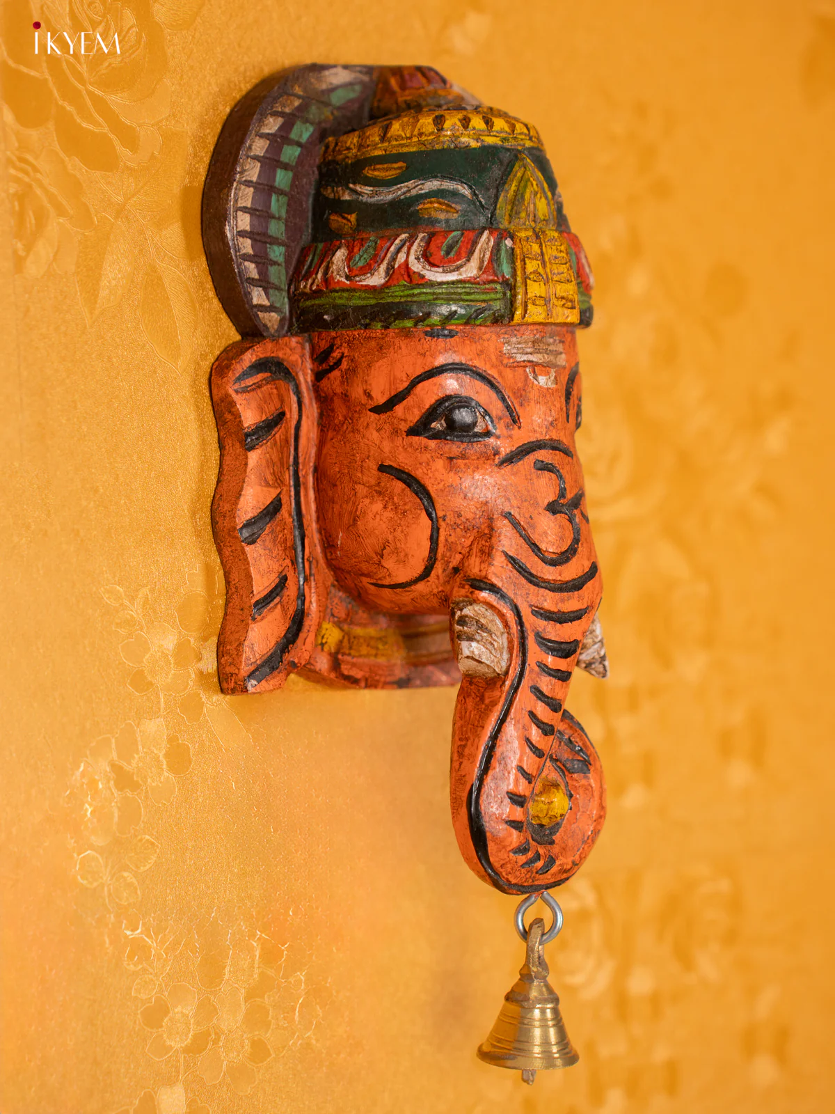 Wooden Ganesha Mask with Bell - Orange & Red - Image 5