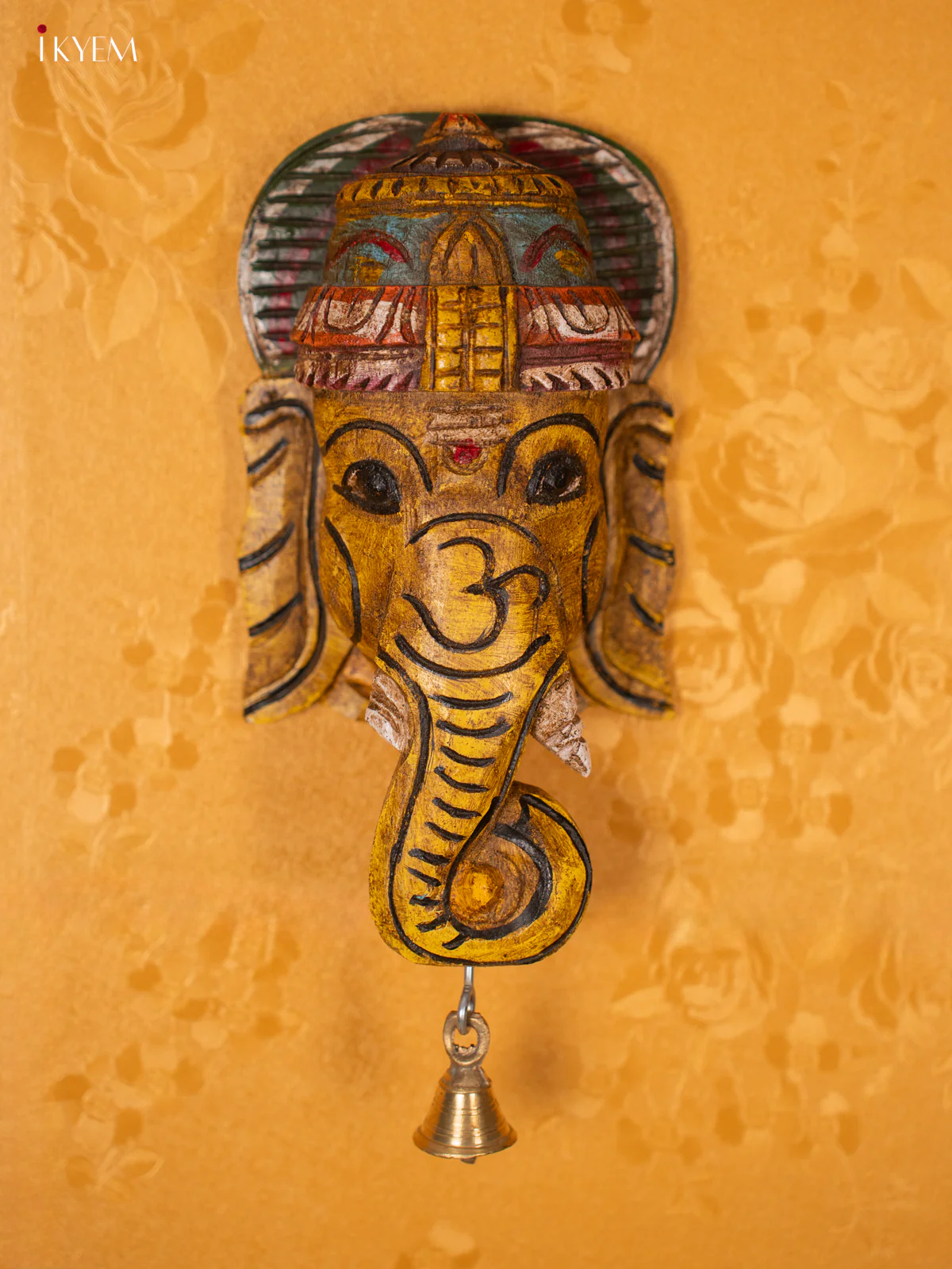 Wooden Ganesha Mask with Bell - Yellow
